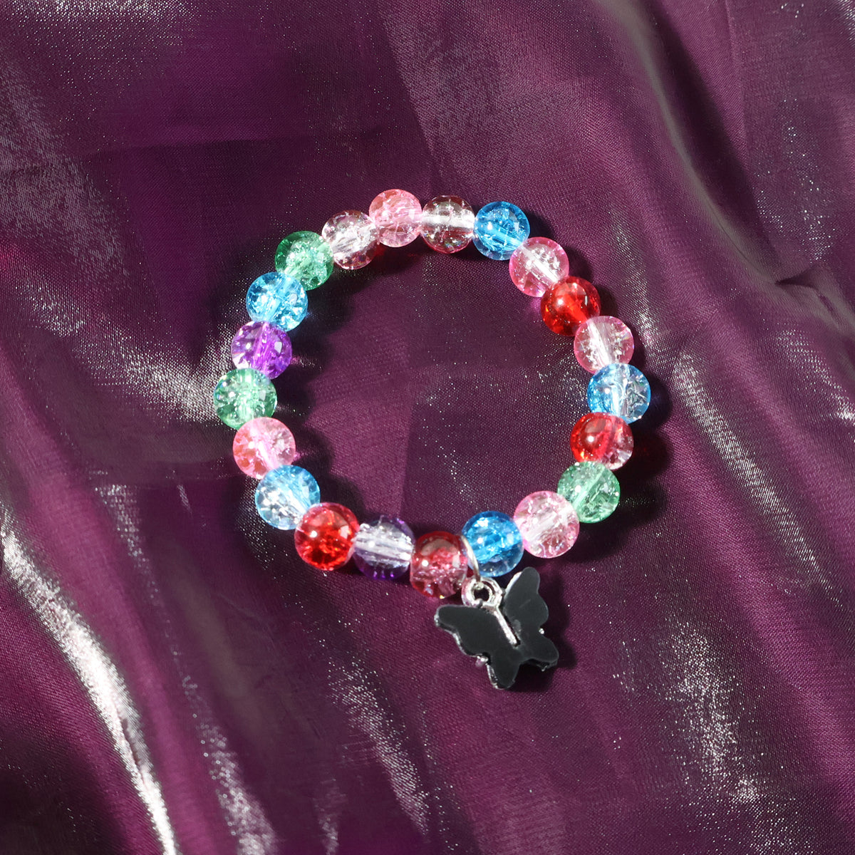 Multicolor Crackle Bead Stretch Bracelet with Butterfly Charm (1 Pc) - Happy Price - Image 2