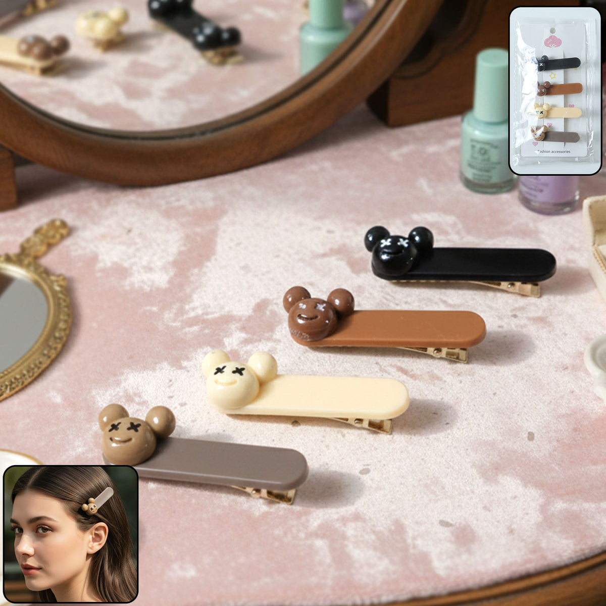 Cute Bear Design Fashion Hair Clips - 4 Pc Set for Girls & Women - Happy Price - Image 2