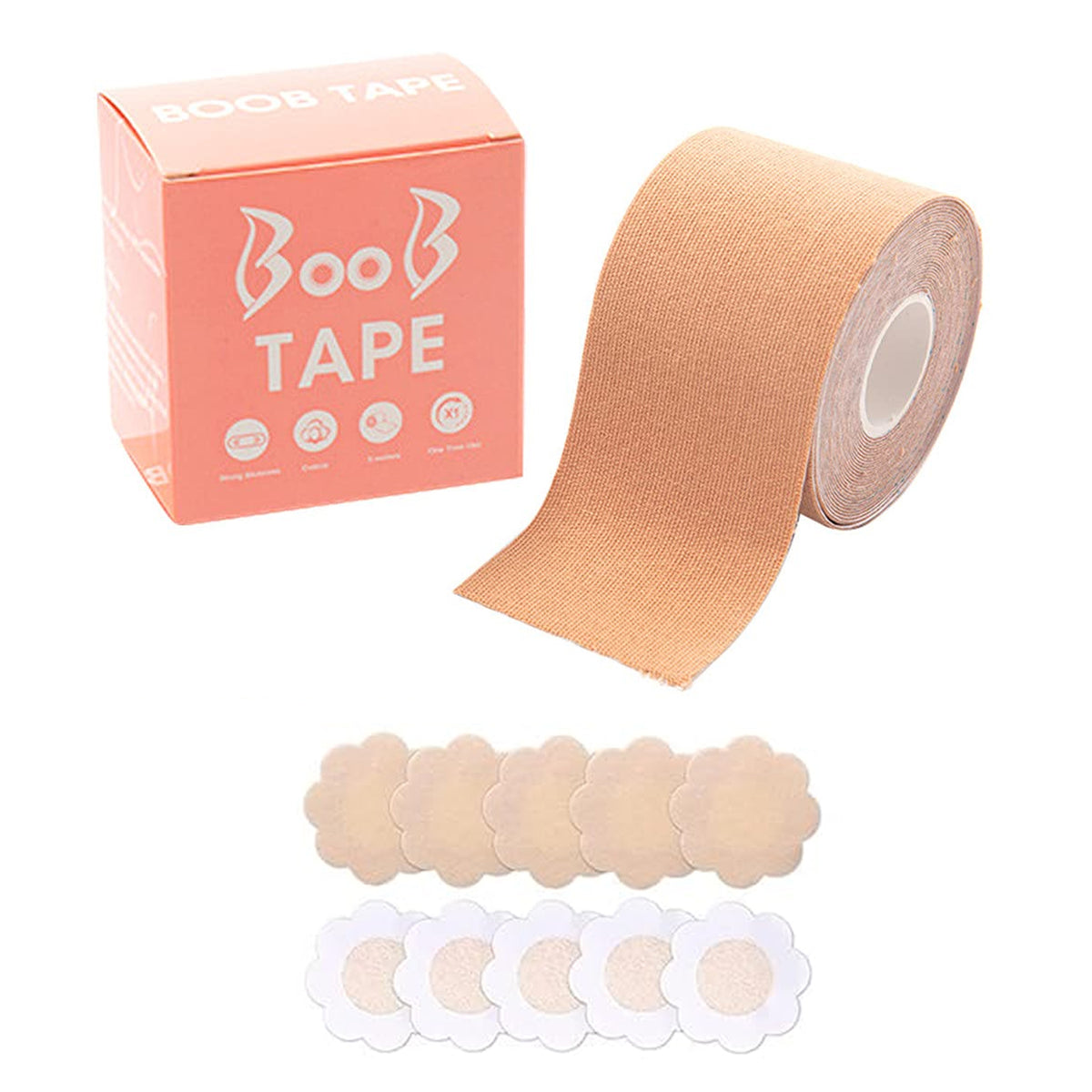 Boob Tape With 10 Pairs Nipple Cover Cotton Wide Thin Breast Tape - Womens Girls Breast Lift Booby Tape - Push Up Lifting Tape - Suitable For All Breast Types - Breast Lift Bra Tape - Bob Tape For Natural Breast Lift (1 Pc 5 Meters) - Happy Price - Image 4