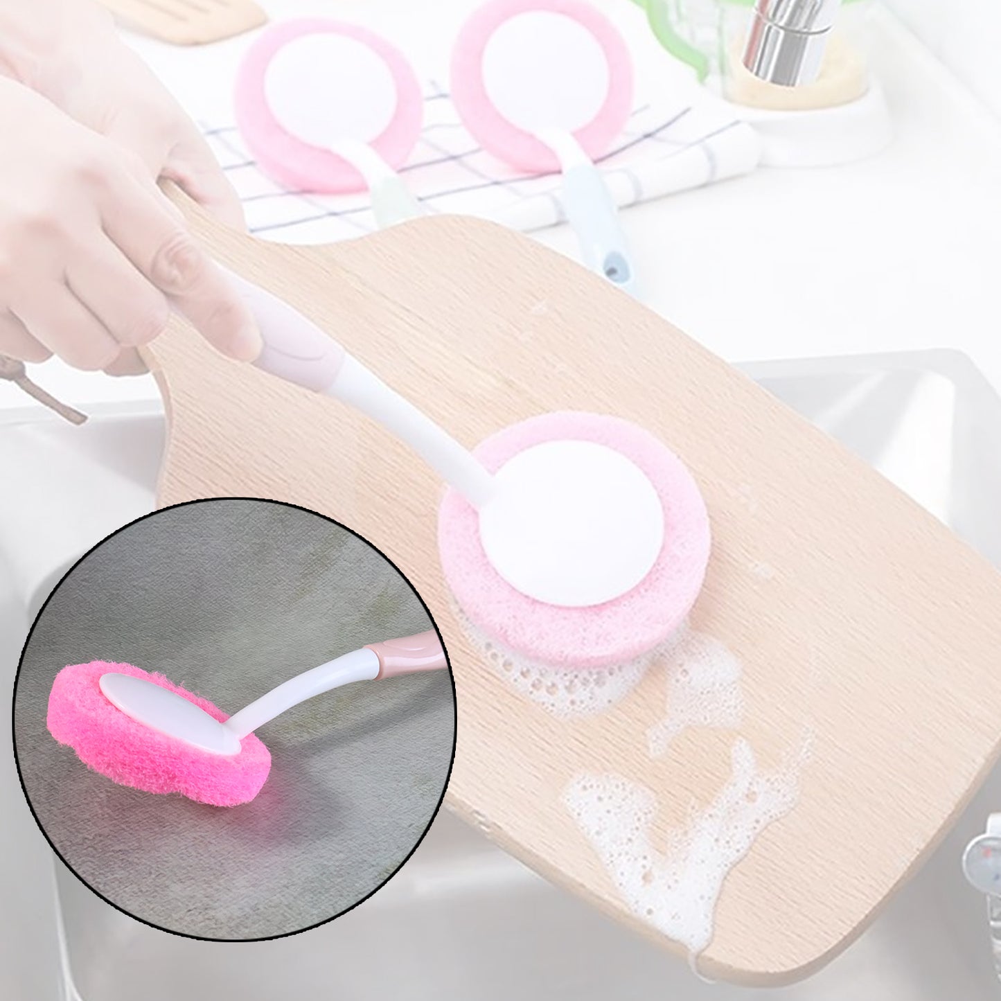 Long Handle Dish Scrubber Brush with Sponge Head - 1 Pc - Happy Price - Image 3