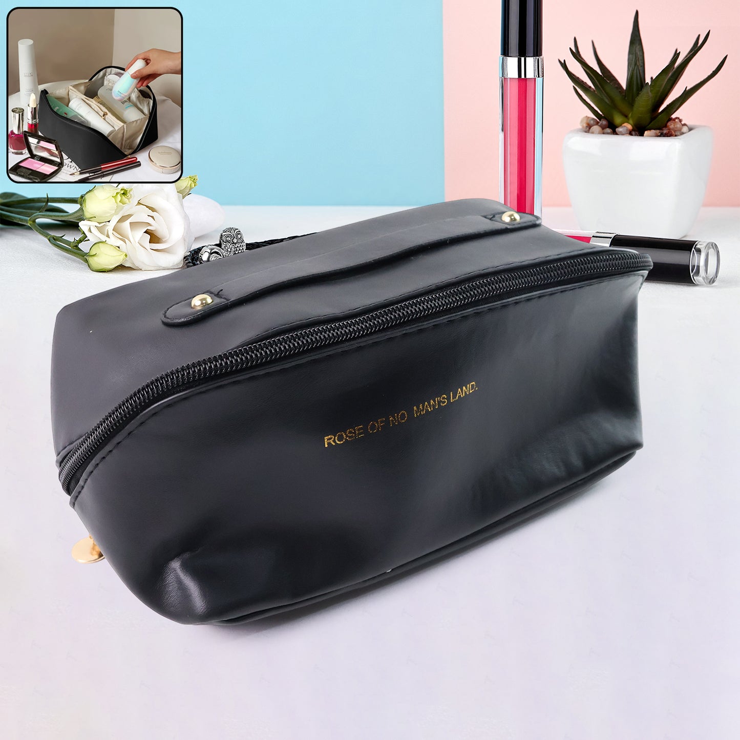 Premium Black Travel Makeup Toiletry Organizer Pouch With Zipper Handle (1 Pc) - Happy Price - Image 2