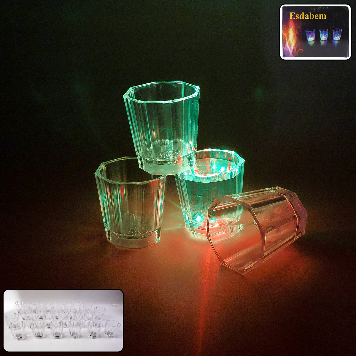24 Pc LED Light-Up Shot Glass Set - Flashing Multi-Color Plastic Party Glasses - Happy Price - Image 2