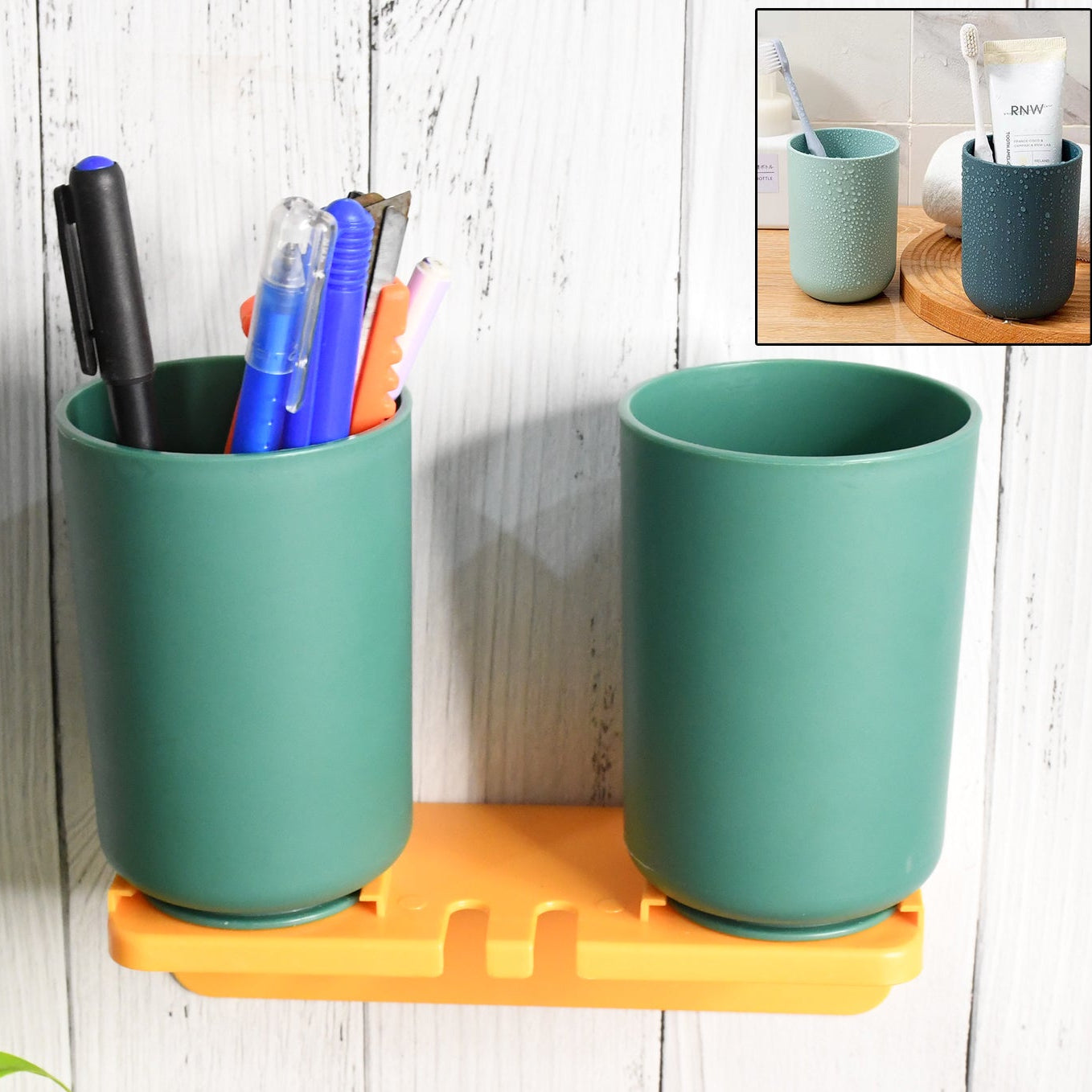 Multipurpose Wall Mount Toothbrush Holder Plastic Stand With 2 Cup (1 Set) - Happy Price - Image 1