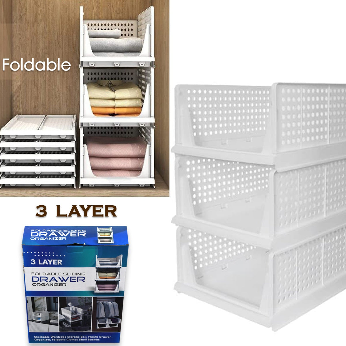 3 Layer Clothes Organizer For Wardrobe Cupboard Organizer For Clothes Foldable And Stackable Closet Organizer Drawer Organizer For Clothes Multi Purpose Plastic Drawer - Happy Price - Image 1