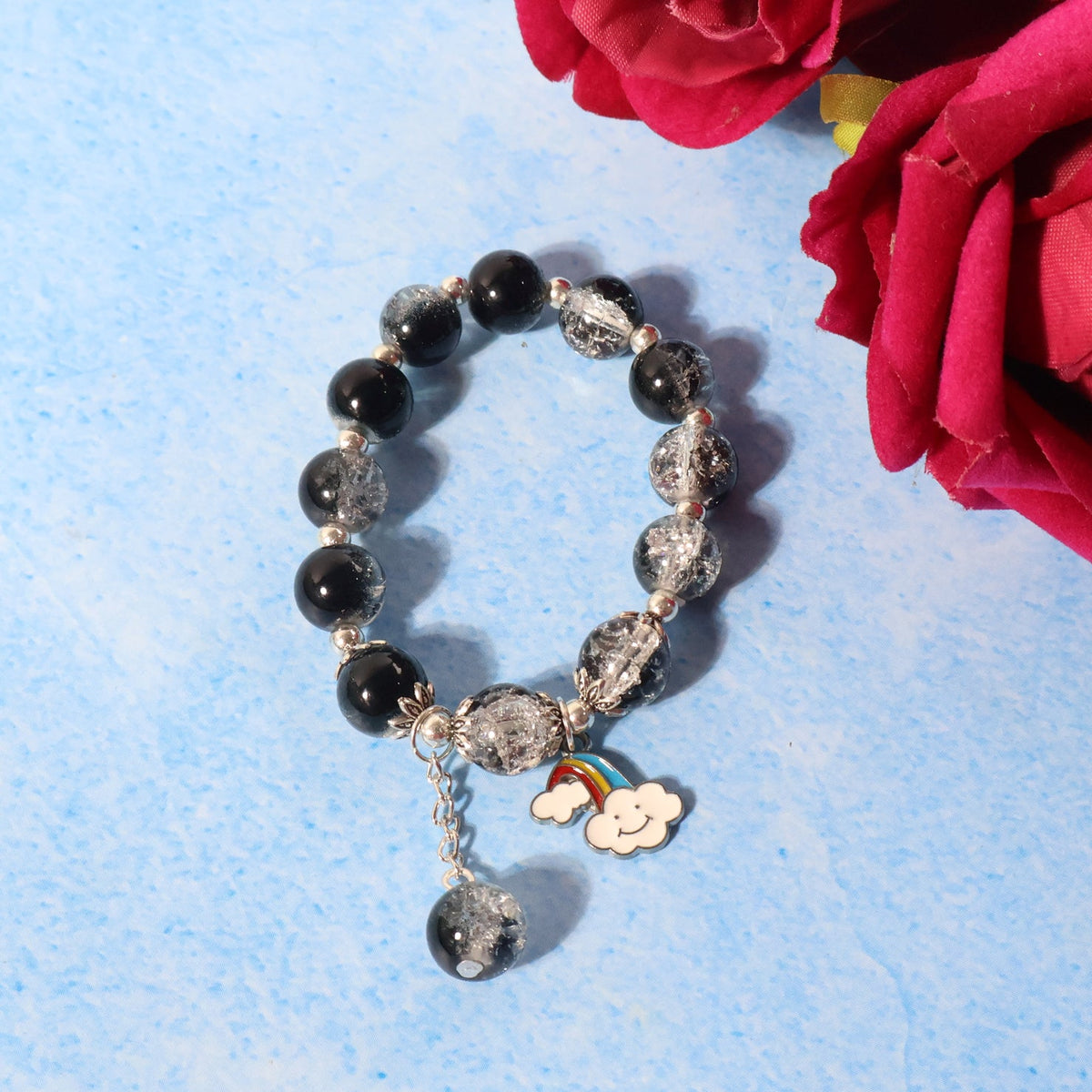 Black Crystal Beaded Stretch Bracelet with Cloud Rainbow Charm - Happy Price - Image 2
