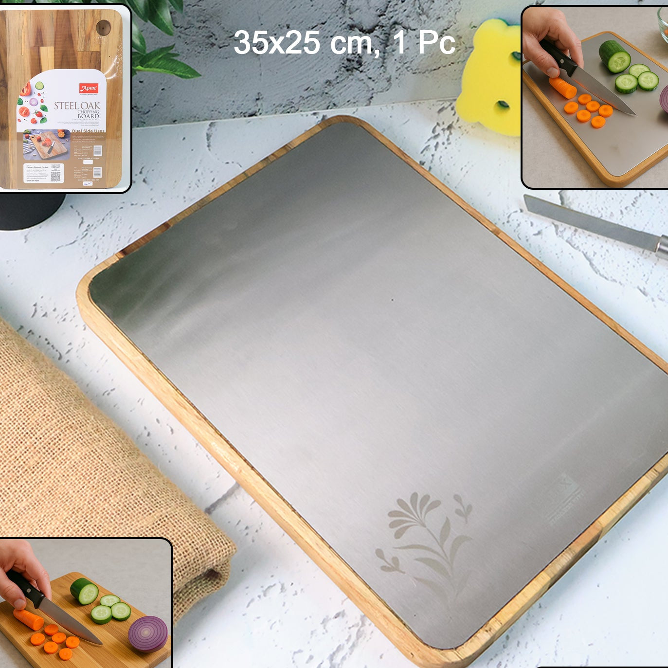 Steel and Wood Chopping Board with Handle - 35x25 cm (1 Pc) - Happy Price - Image 1
