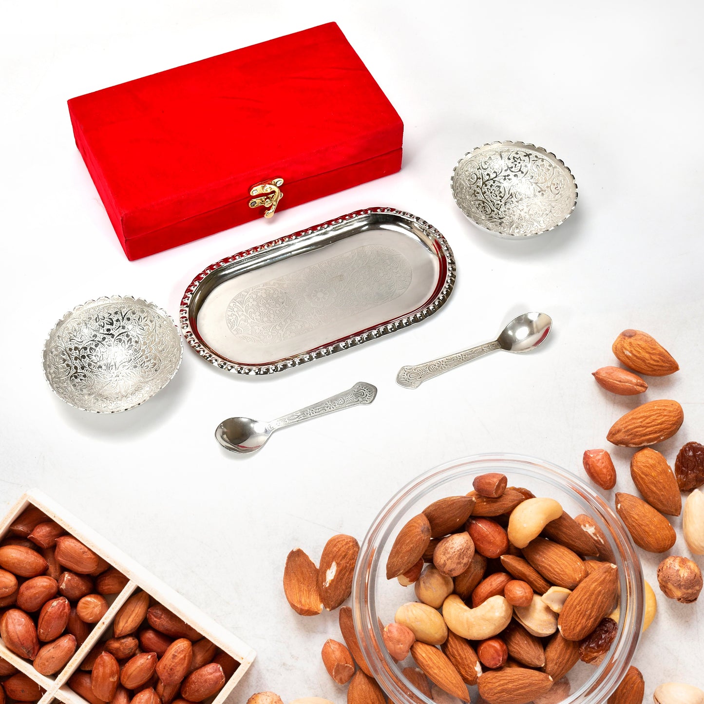 Silver Plated 2 Bowl 2 Spoon Tray Set Brass With Red Velvet Gift Box Serving Dry Fruits Desserts Gift - Happy Price - Image 3
