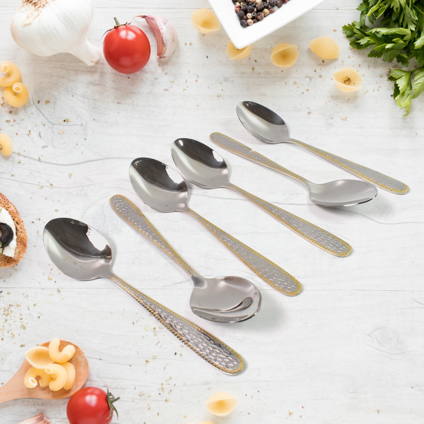 Stainless Steel Gold Bordered Textured Spoons Gold Plated Handle Set Of 6 Pc - Happy Price - Image 5