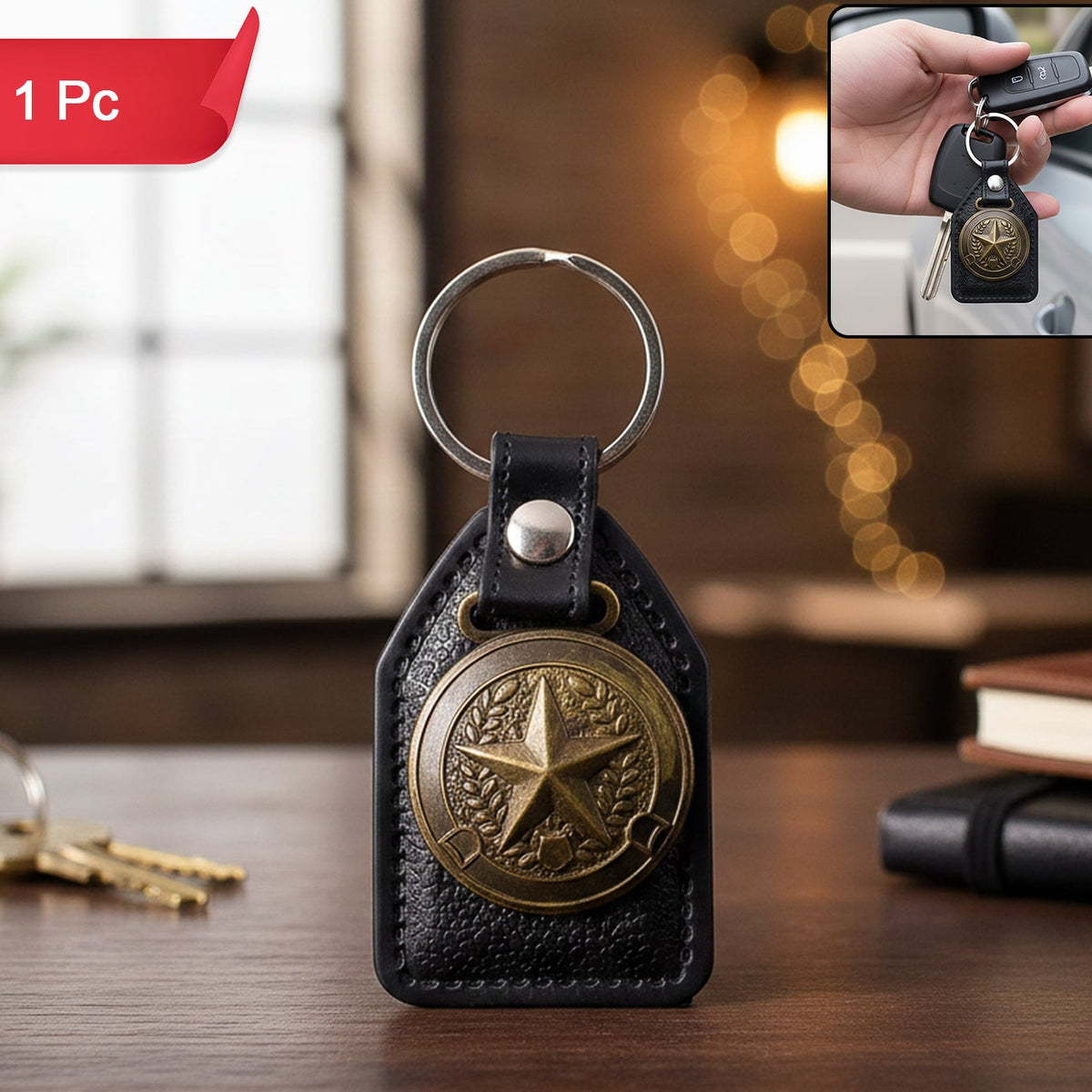 Metal Star Emblem Keychain with Leather Finish - 1 Pc - Happy Price - Image 1