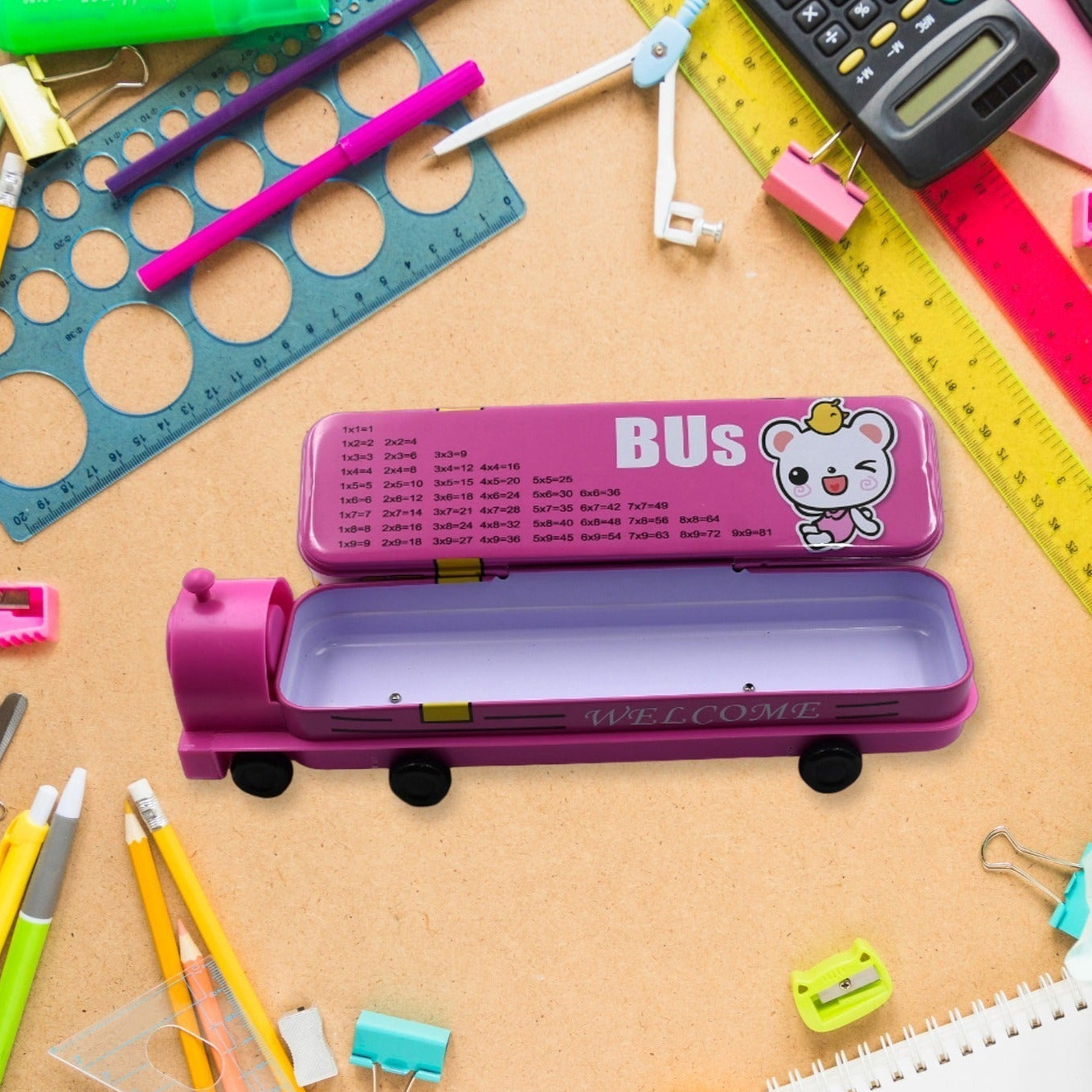 Double Decker Magic Bus Compass 2 Layer Metal Bus Compass Pencil Case With Movable Wheels Sharpener Bus Shape With Tiers Metal Pencil Box For Kids Birthday Party - Happy Price - Image 1