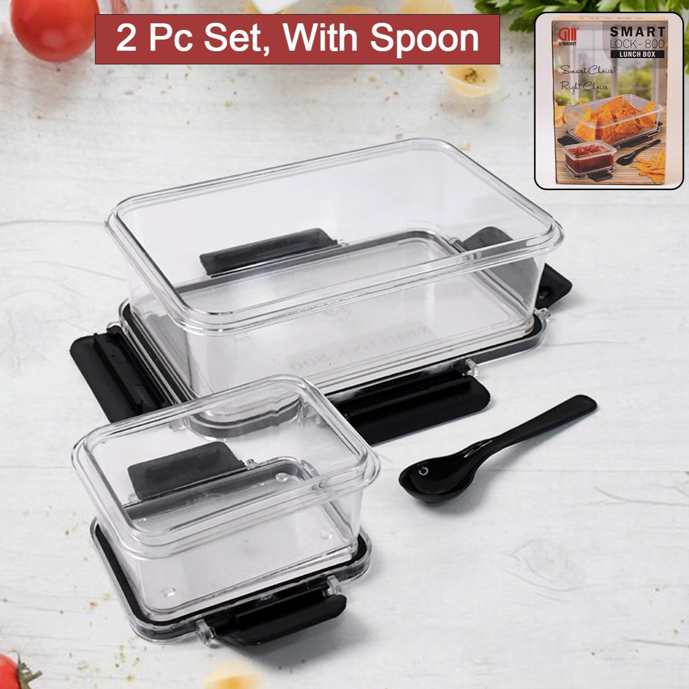Plastic Kitchen Storage Container Big 800 Ml Small 250 Ml With Air Seal Lock Lid Spoon - Happy Price - Image 1