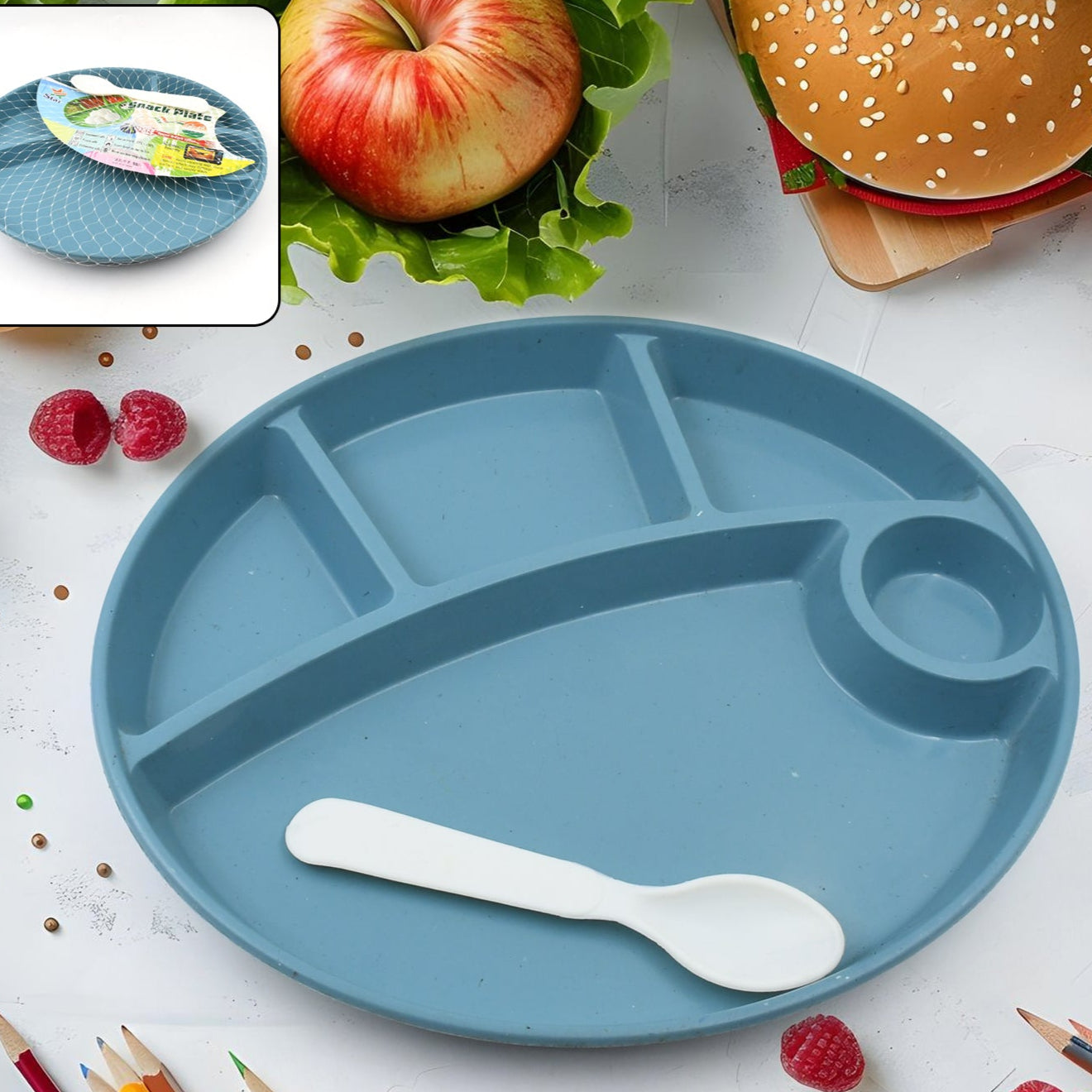 Plastic Food Plates Biodegradable 5 Compartment Plate With Spoon For Food Snacks Nuts Desserts Plates For Kidsreusable Plates For Outdoor Camping Bpa-free(1 Pc) - Happy Price - Image 1