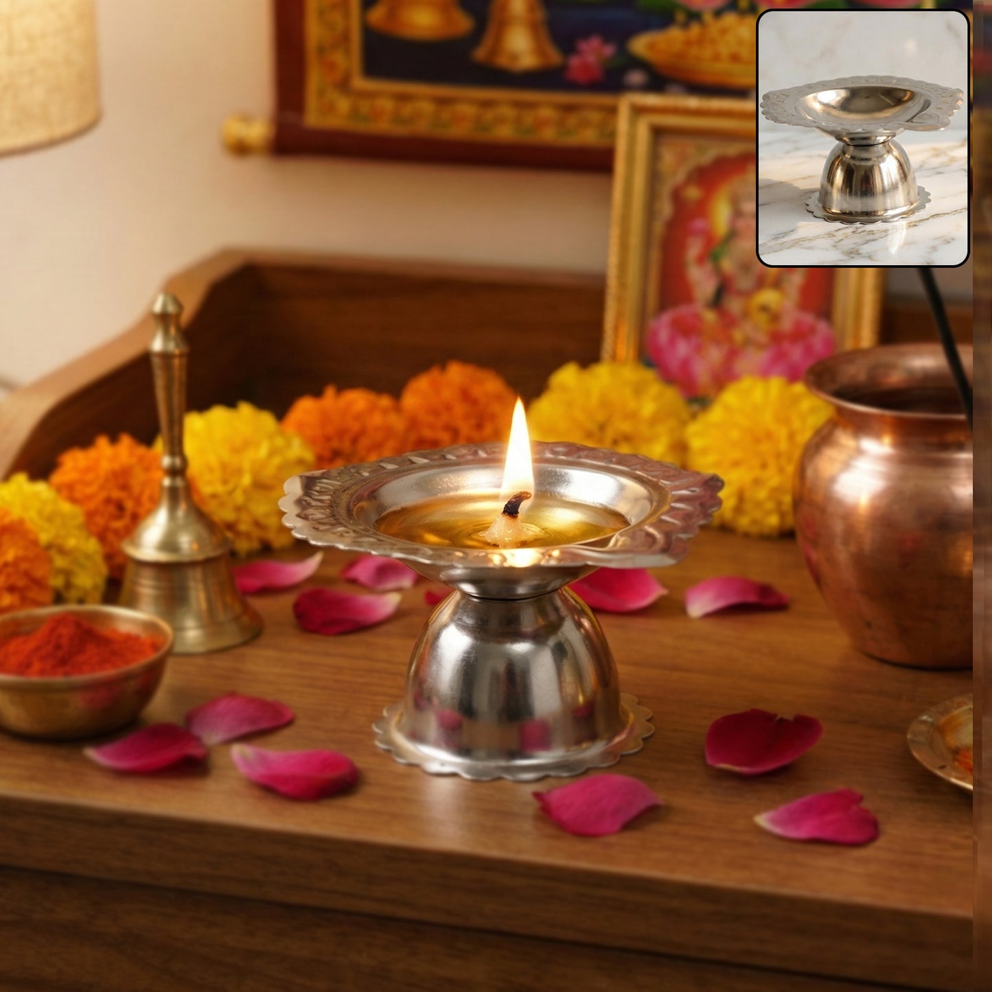 Stainless Steel Puja Diya Stand for Home Mandir - Traditional Oil Lamp (1 Pc) - Happy Price - Image 2