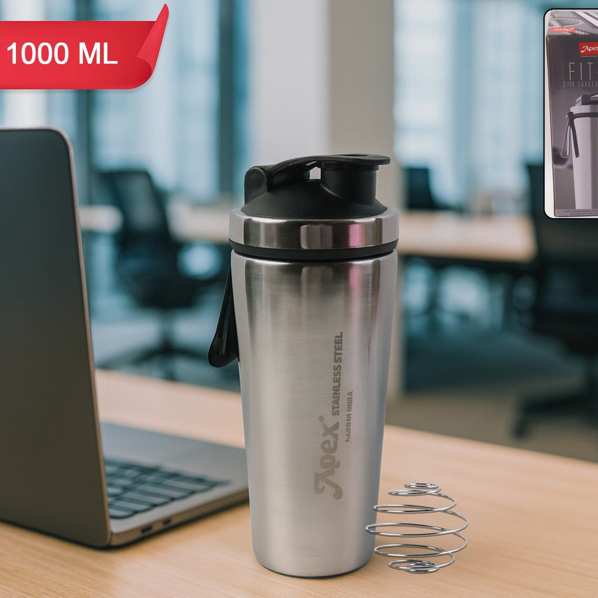 Apex Stainless Steel Gym Shaker Bottle with Spring - 1000ml, 1 Pc - Happy Price - Image 1