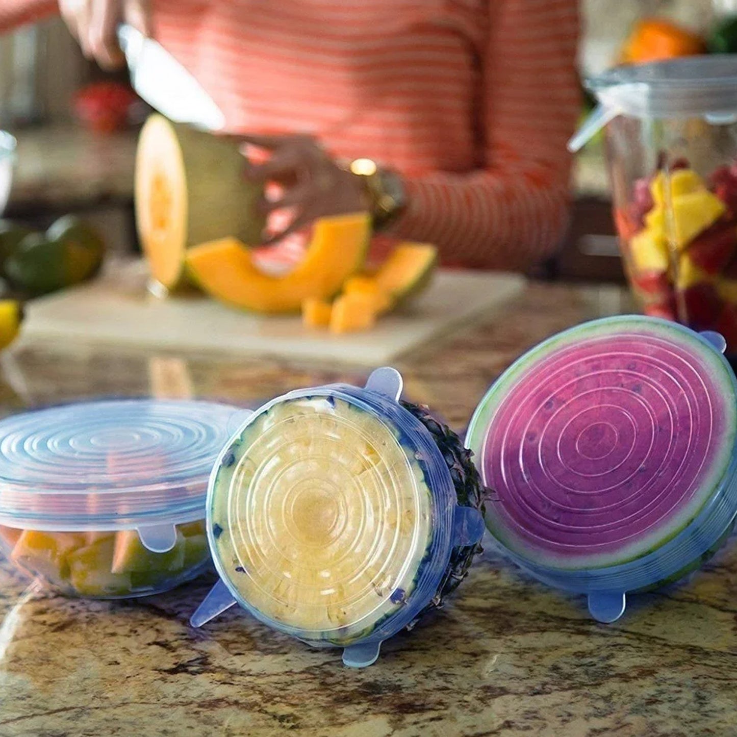 12 Piece Reusable Stretch Food Lids Set with 2 Storage Pouches - Happy Price - Image 6
