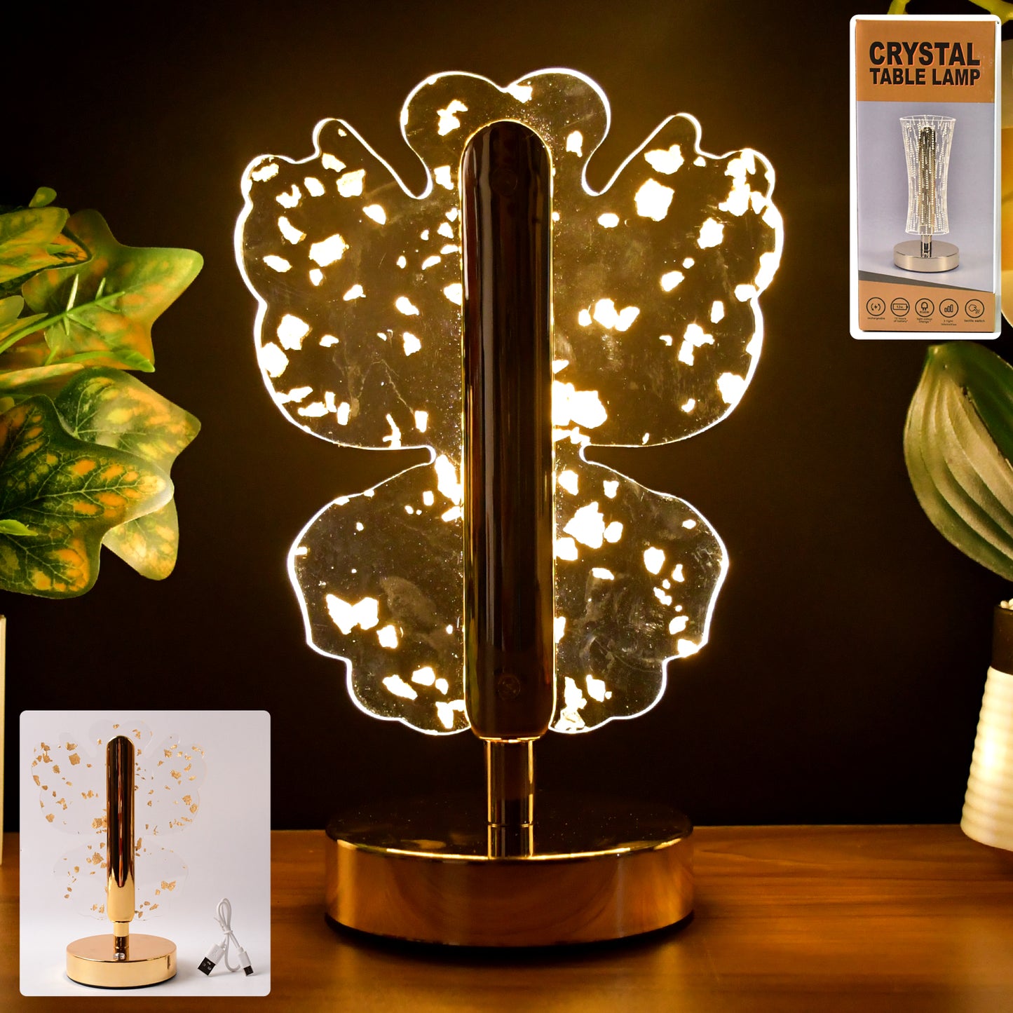 Golden Butterfly Crystal LED Table Lamp, USB Rechargeable Decorative Light (1 Pc) - Happy Price - Image 7