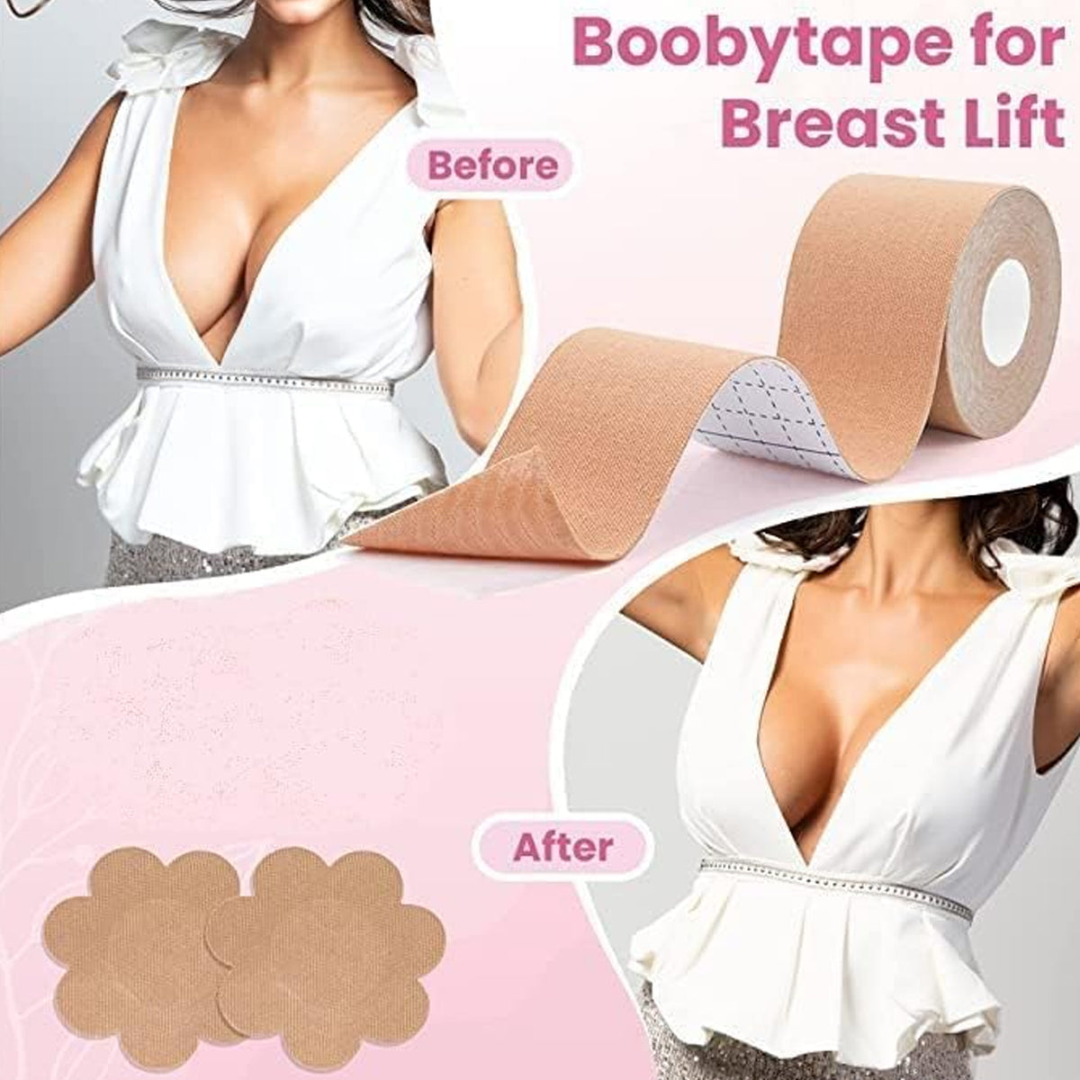 Boob Tape With 10 Pairs Nipple Cover Cotton Wide Thin Breast Tape - Womens Girls Breast Lift Booby Tape - Push Up Lifting Tape - Suitable For All Breast Types - Breast Lift Bra Tape - Bob Tape For Natural Breast Lift (1 Pc 5 Meters) - Happy Price - Image 2