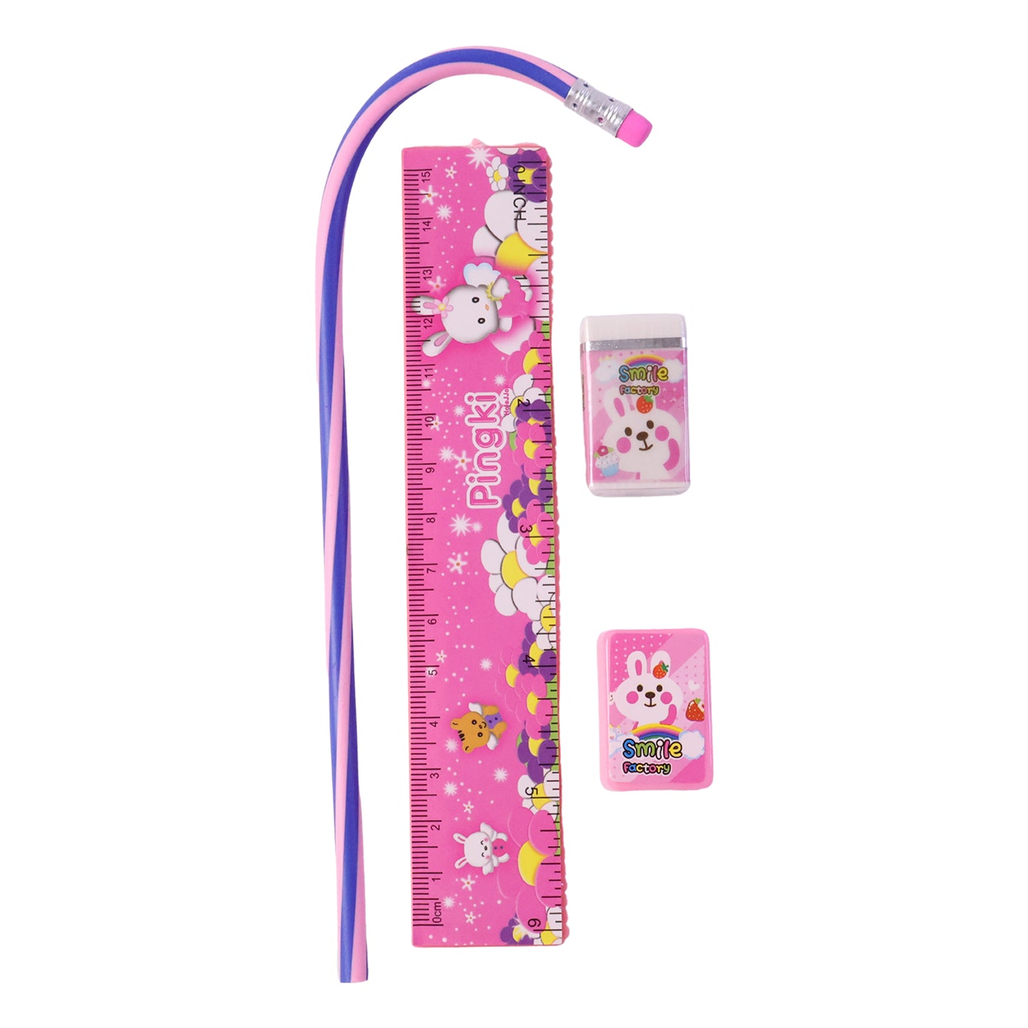 Cute Pink 4-in-1 Stationery Set for Kids - Ruler, Pencil, Eraser, Sharpener - Happy Price - Image 4