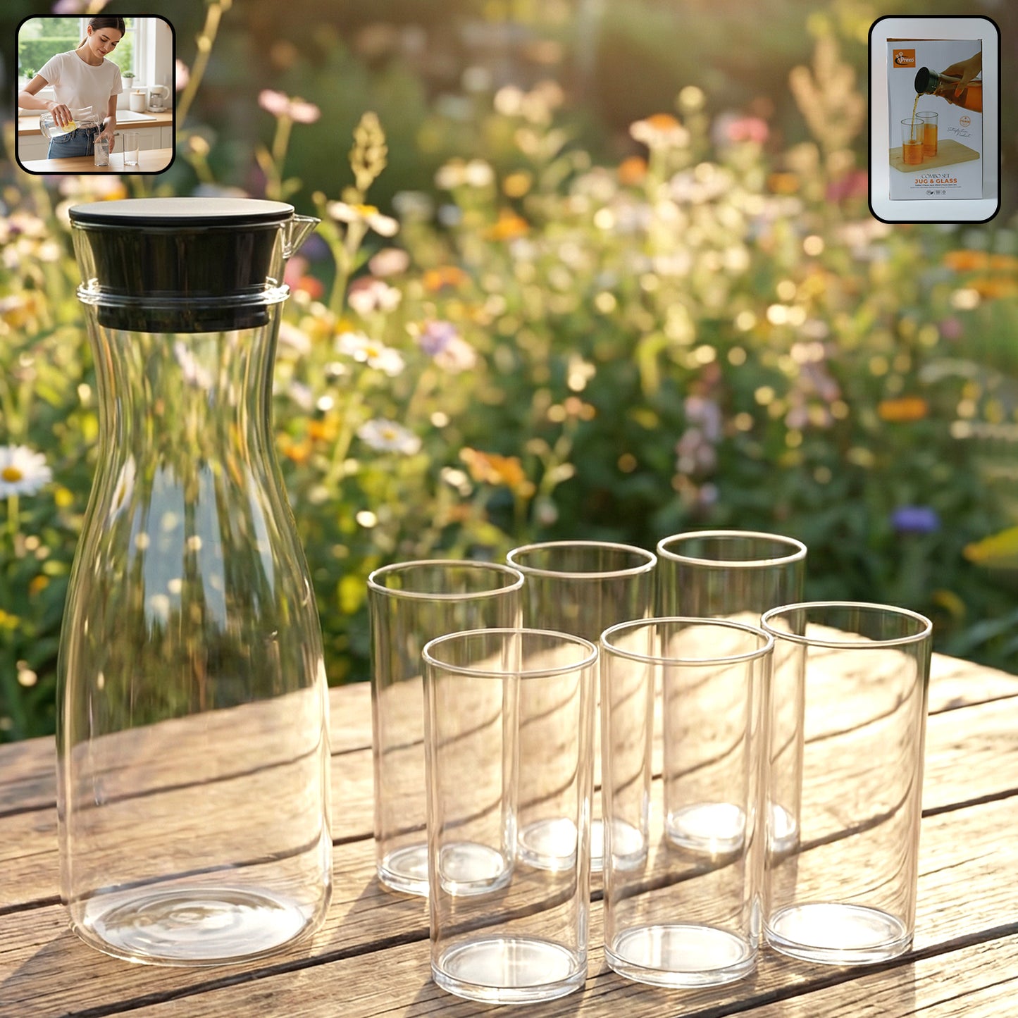 Plastic Water Jug and Glass Set - 1000ml Jug, 6 x 300ml Glasses - Great Price - Image 2
