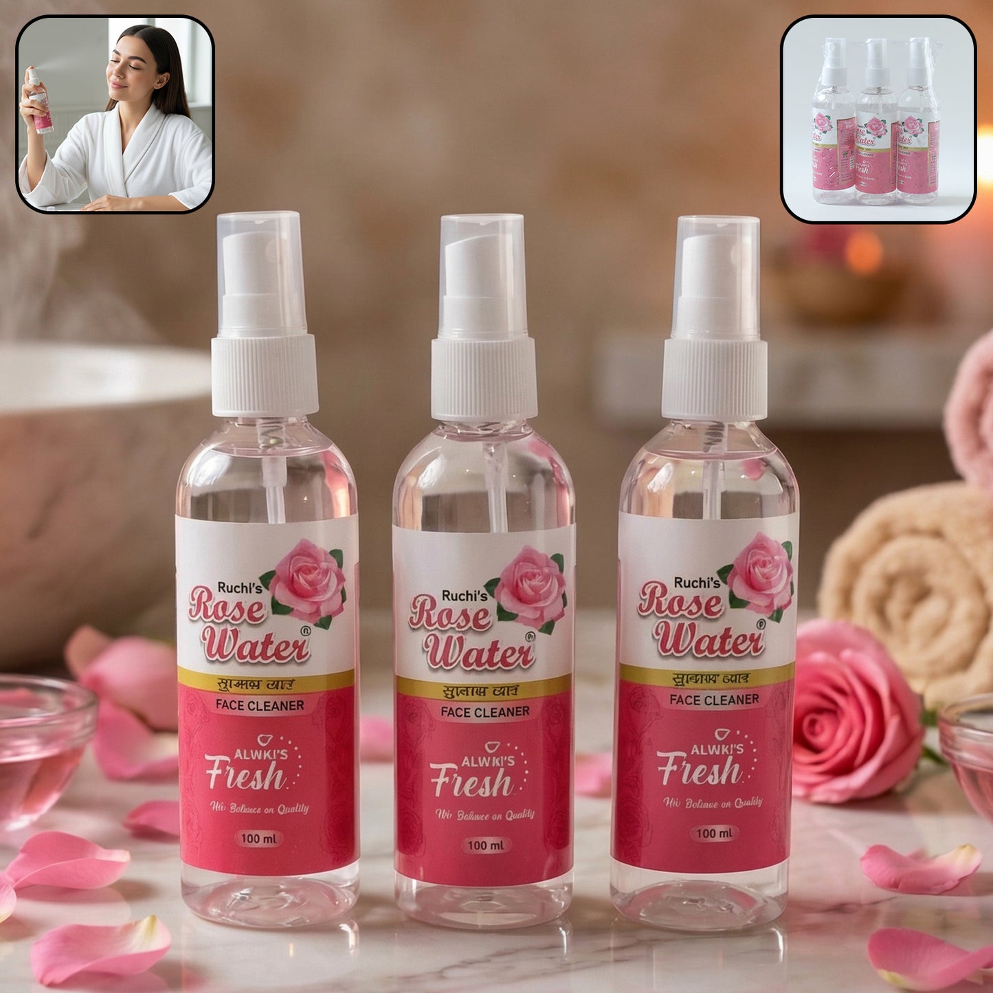 Rose Water Face Mist Set - 3 x 100 ML Bottles - Happy Price - Image 2