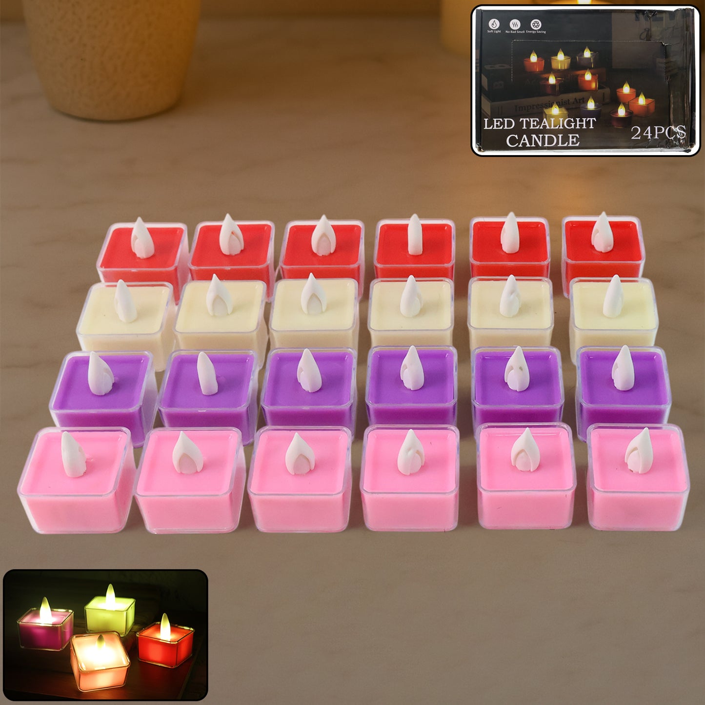 Set of 24 Multi-Color LED Tealight Candles with Flickering Flame Effect - Happy Price - Image 3