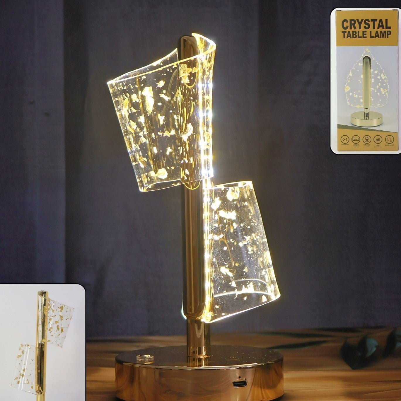 Golden Crystal LED Double Shade Table Lamp with USB Charging (1 Pc) - Happy Price - Image 1