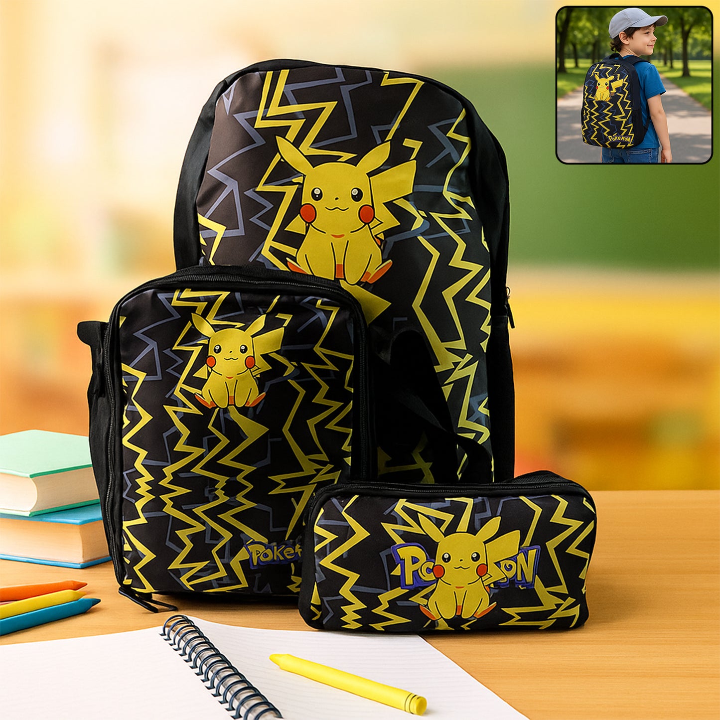 3 Pc Kids School Bag Combo Set with Cartoon Print - Backpack, Lunch Bag & Pencil Pouch - Happy Price - Image 2