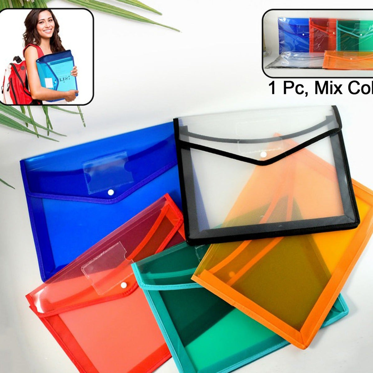 Transparent A4 Document Folder with Button Closure - 1 Pc Mix Color - Happy Price - Image 1