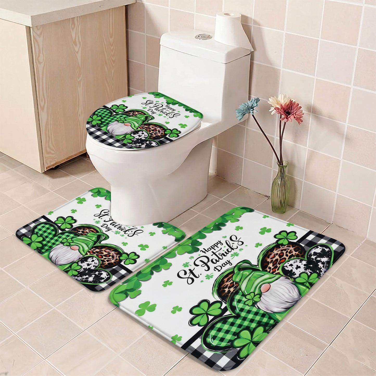 3 Piece Bathroom Mat Set - Mix Design Bath Rug, U-Shape Mat & Toilet Lid Cover - Happy Price - Image 6