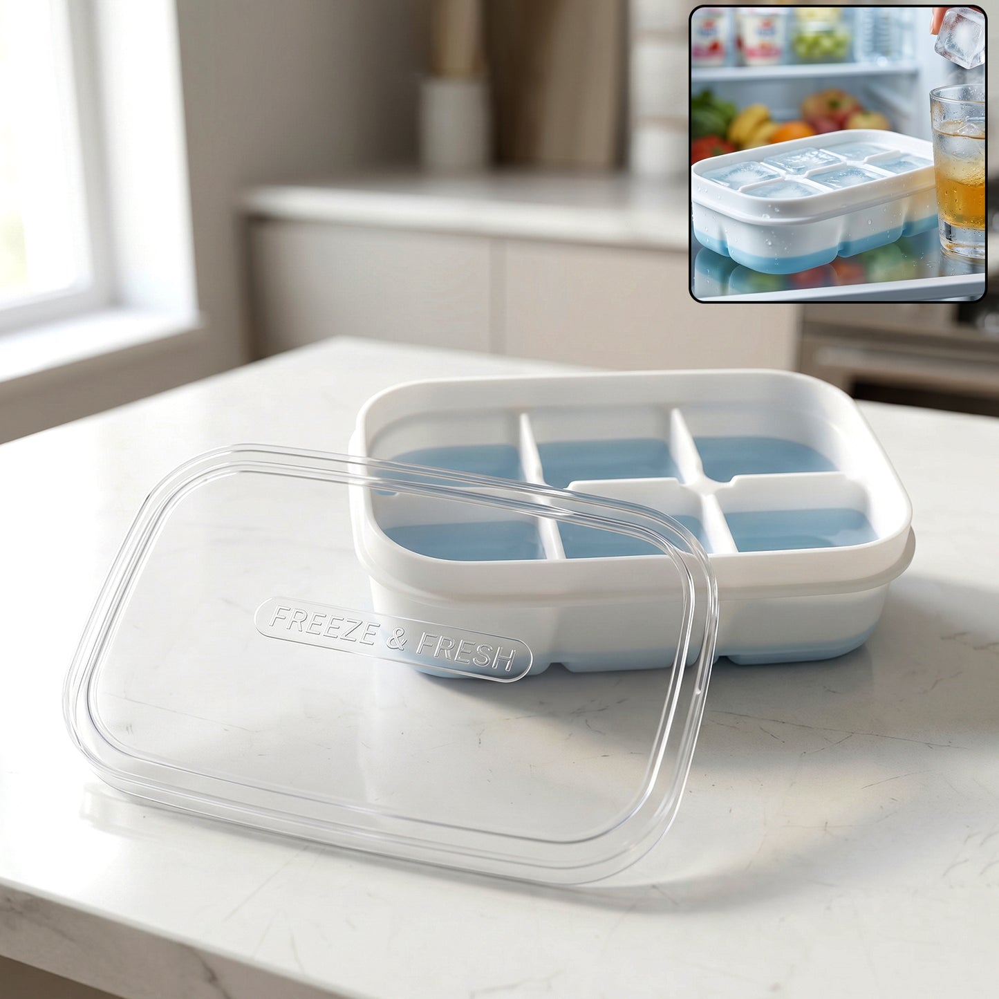 Mini Plastic 6 Cavity Ice Tray - Freeze Fresh Compact Ice Cube Tray