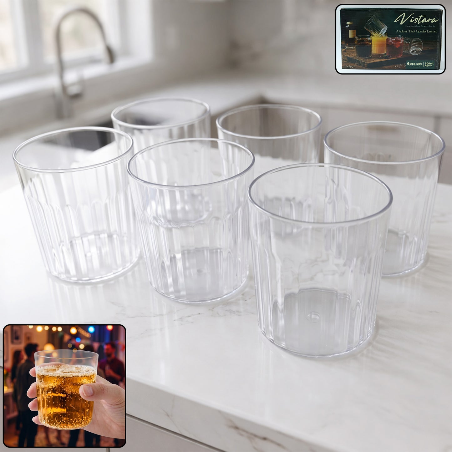 Set of 6 Transparent Drinking Glasses, 300 ML Each, Ribbed Design - Great Price - Image 2