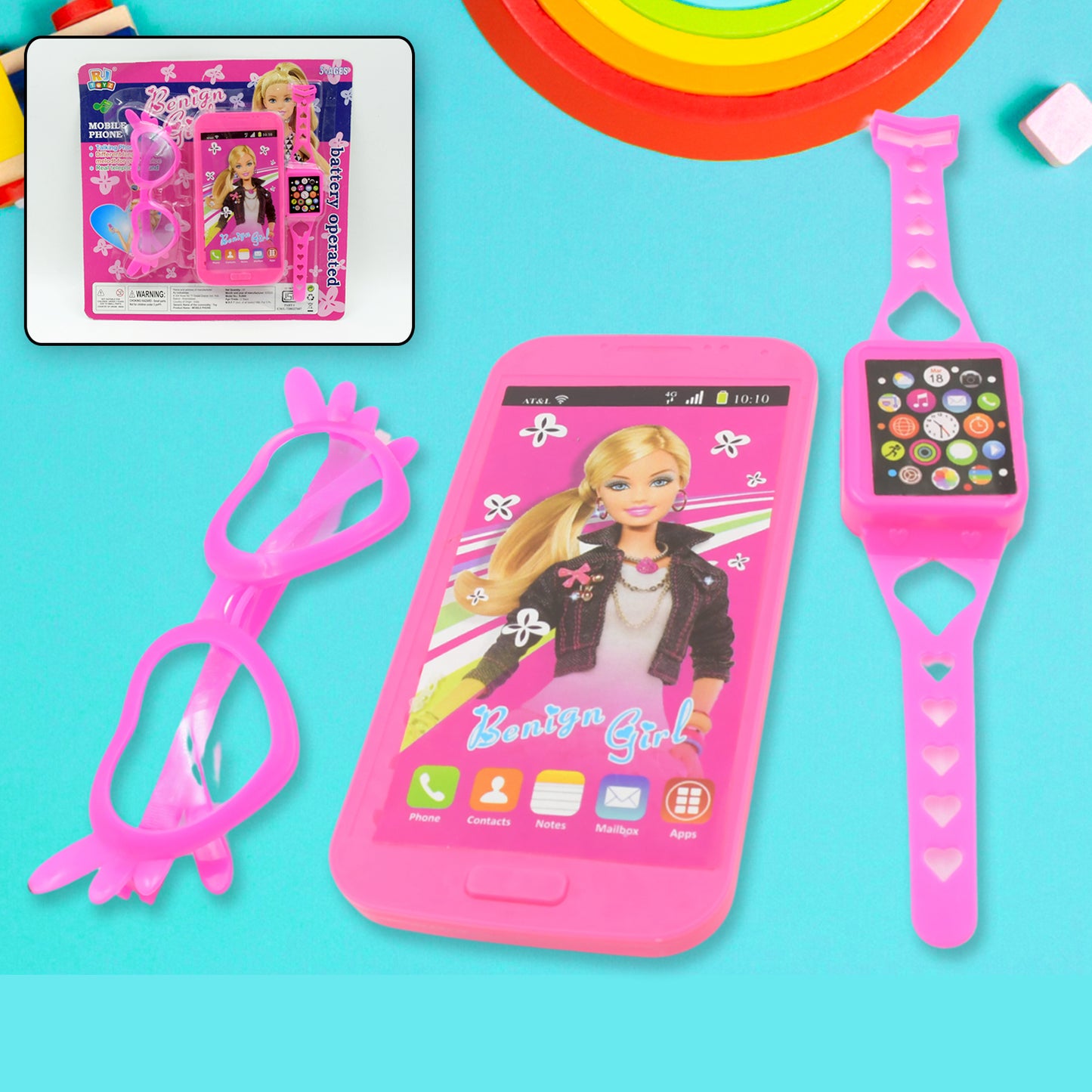 Barbiee Phone Watch And Glasses Set For Girls Beautiful Barbie Musical Phone Abs Plastic Toy Battery Operated Barbie Glass Musical Mobile Phone Toddler Toy Phone For Kids Calling Toy Phone (3 Pcs Set Battery Not Included) - Happy Price - Image 6