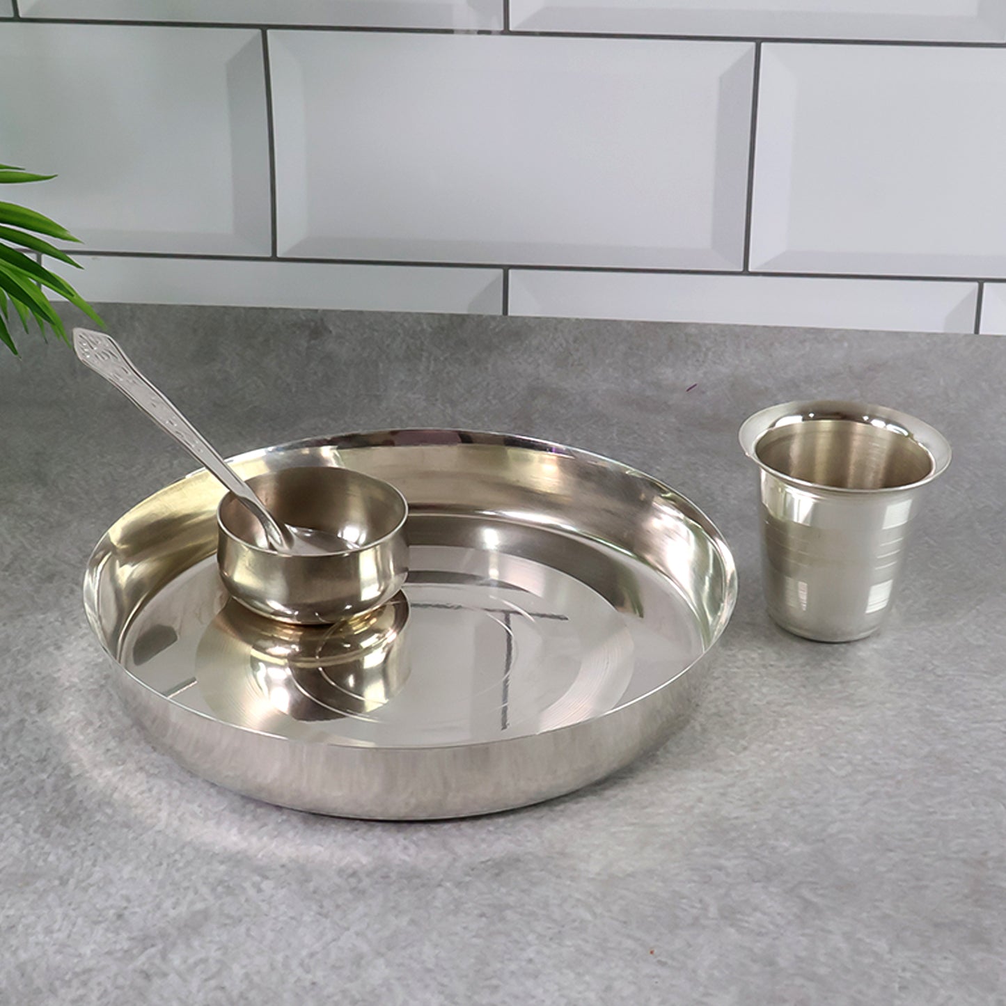 Stainless Steel Pooja Thali Set with Katori, Glass & Spoon - 4 Pcs - Happy Price - Image 5