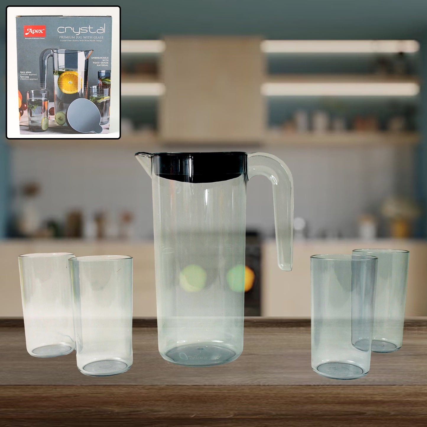 Apex Crystal Premium Jug With Lid 4 Pcs Glass (1500 Ml 300 Ml Approx 5 Pcs Set) - Happy Price - Image 2