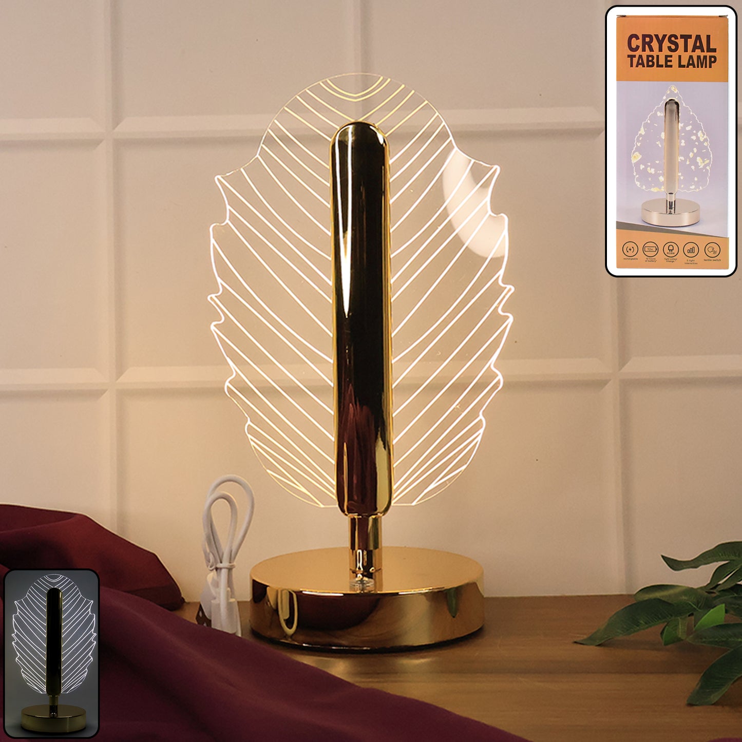 Leaf Shape Crystal Table Lamp with USB Charging (1 Pc) - Happy Price - Image 7