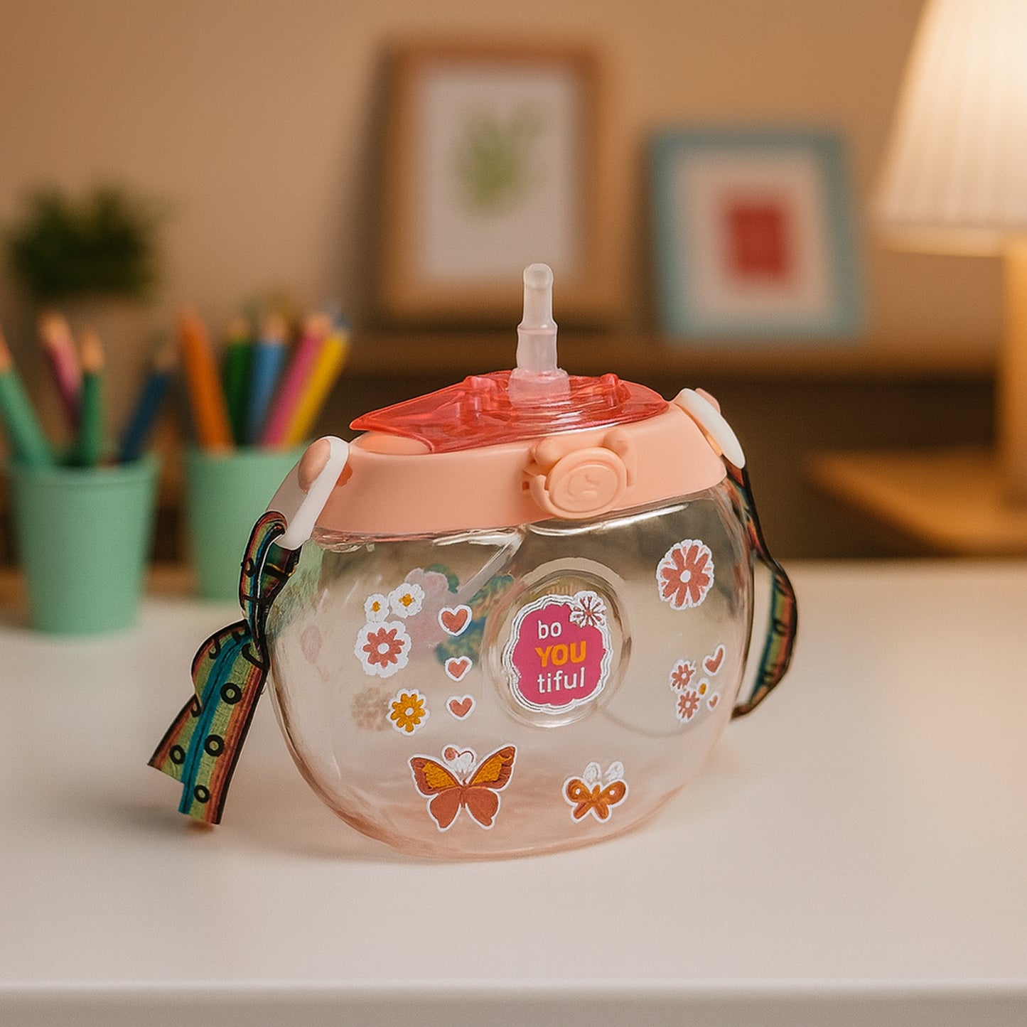 400ml Round Belly Kids Water Bottle with Straw & Strap - 1 Pc - Happy Price - Image 5