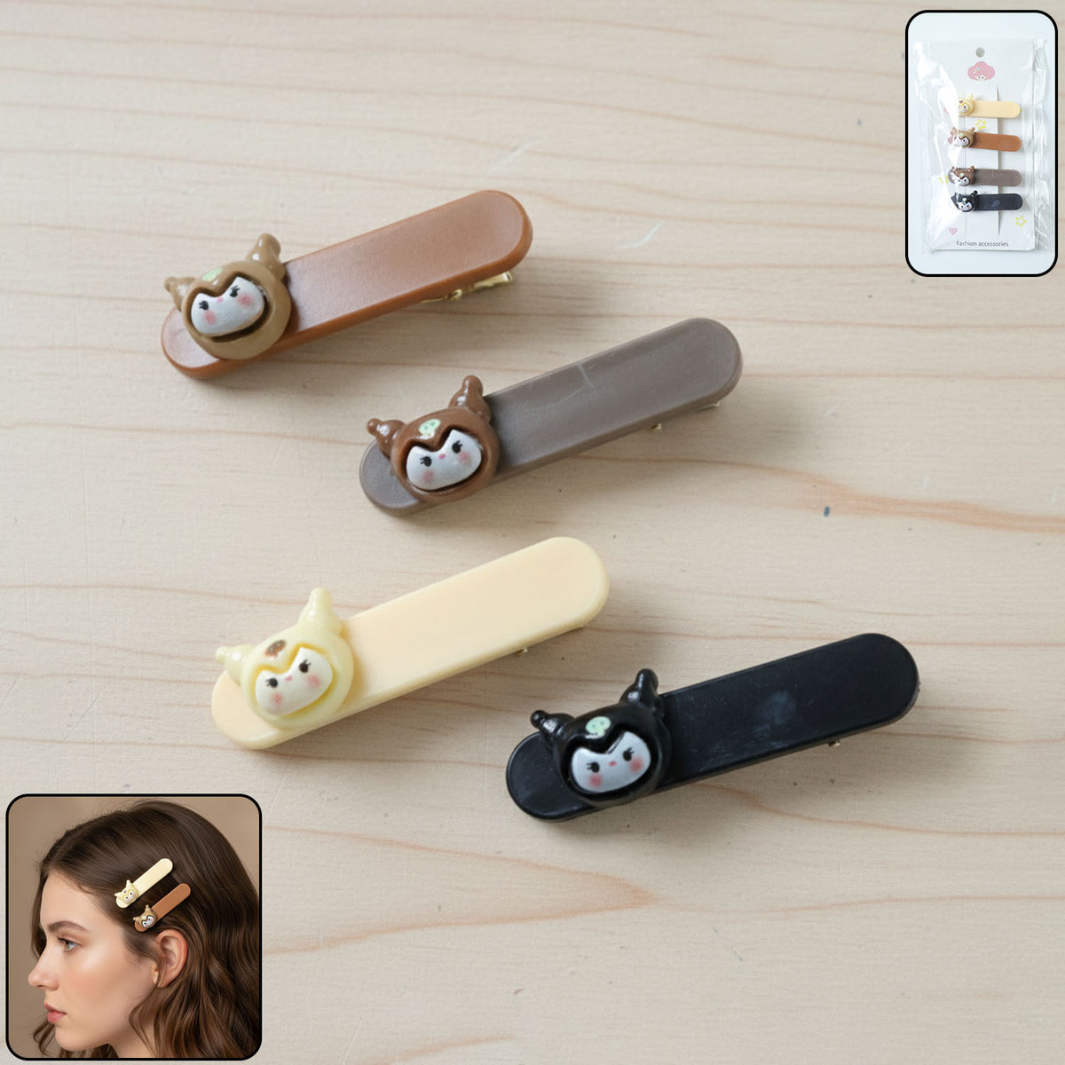 Cute Animal Face Hair Clips for Girls - Pack of 4 Decorative Snap Clips - Happy Price - Image 2