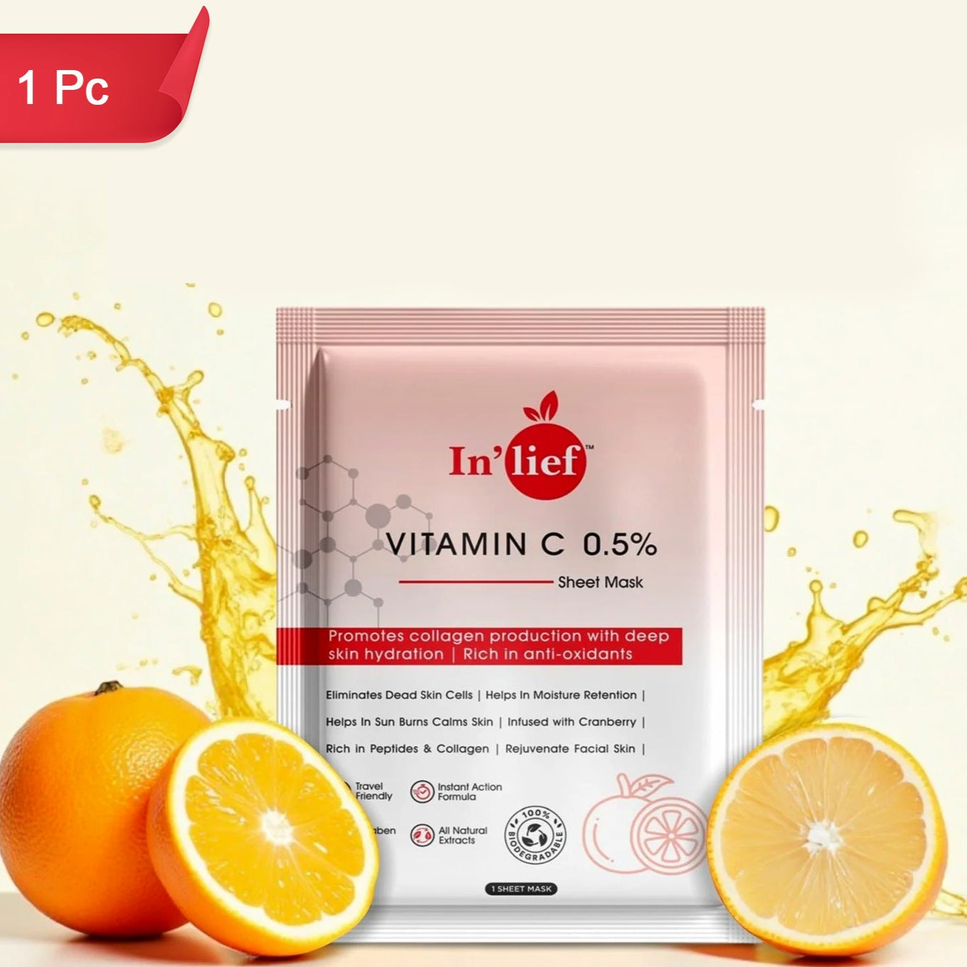 Inlief Vitamin C 0.5% Hydrating Brightening Facial Sheet Mask - 1 Pc - Happy Price - Image 1