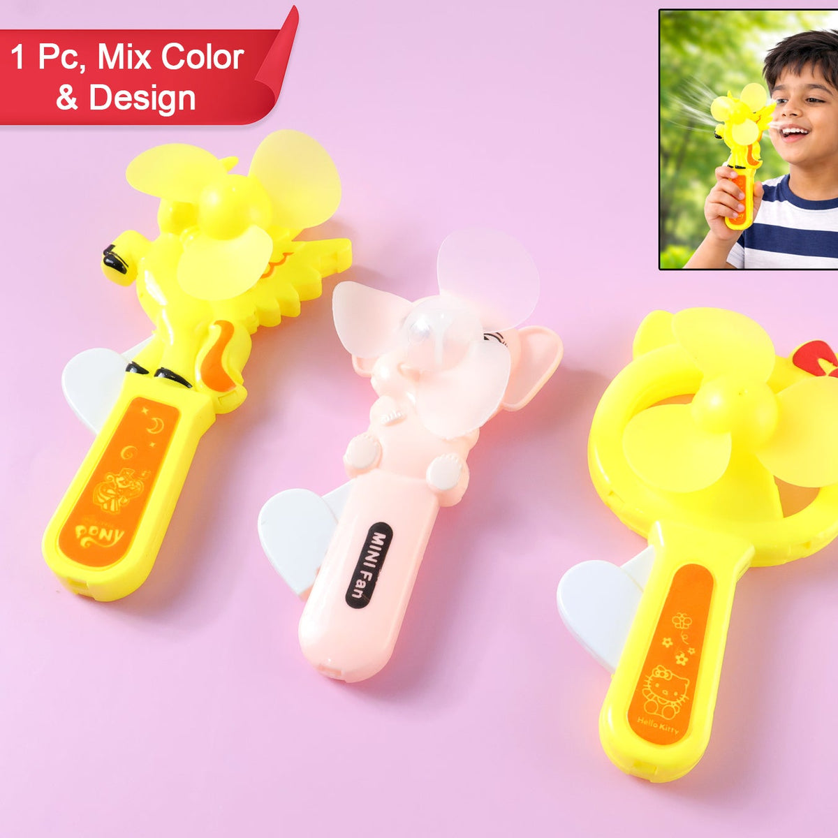 Hand Press Cartoon Fan Toy for Kids - 1 Pc Mix Color - Happy Price - Image 1