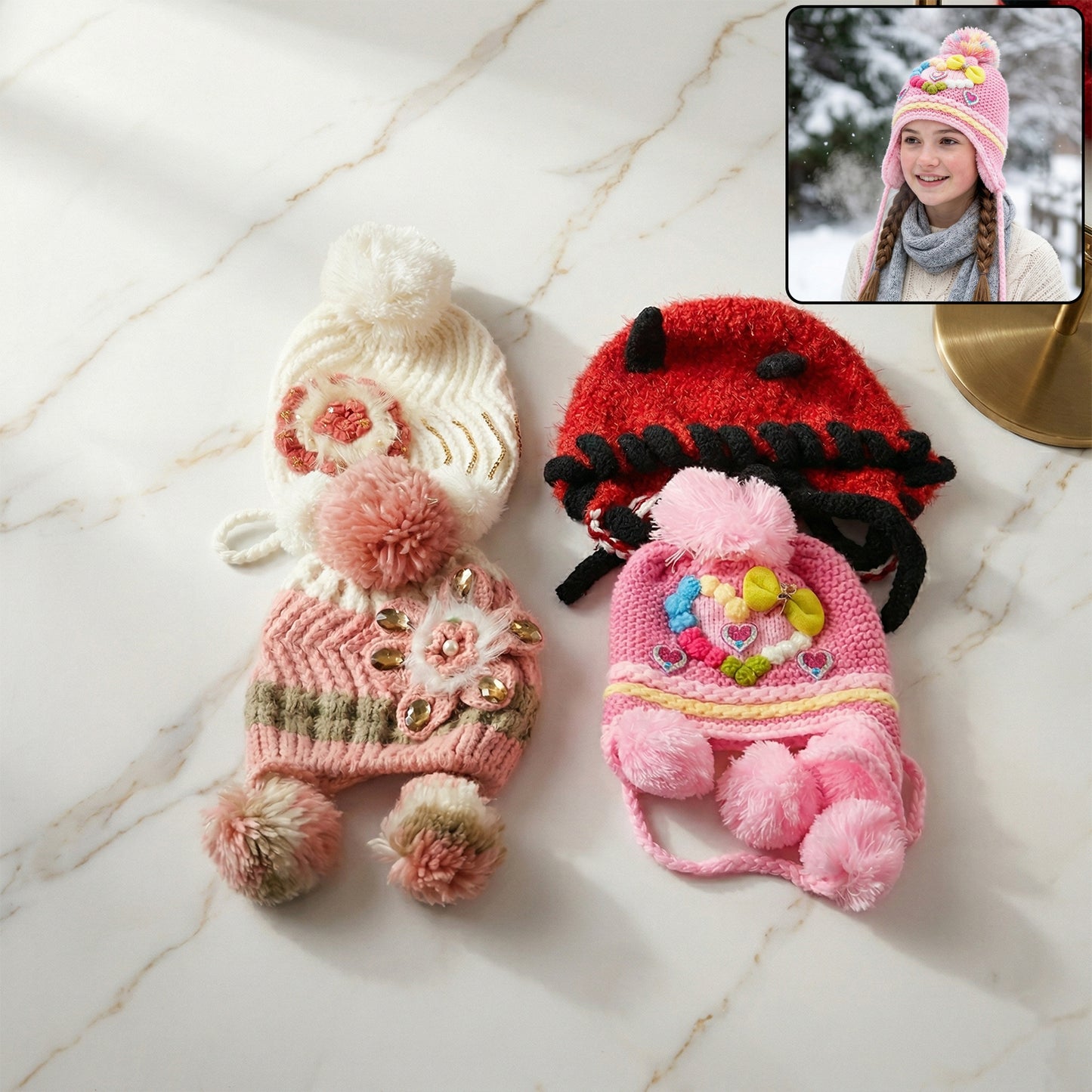 Kids Woolen Ear Flap Winter Cap with Pom Pom - 1 Pc Assorted Design - Great Price - Image 2