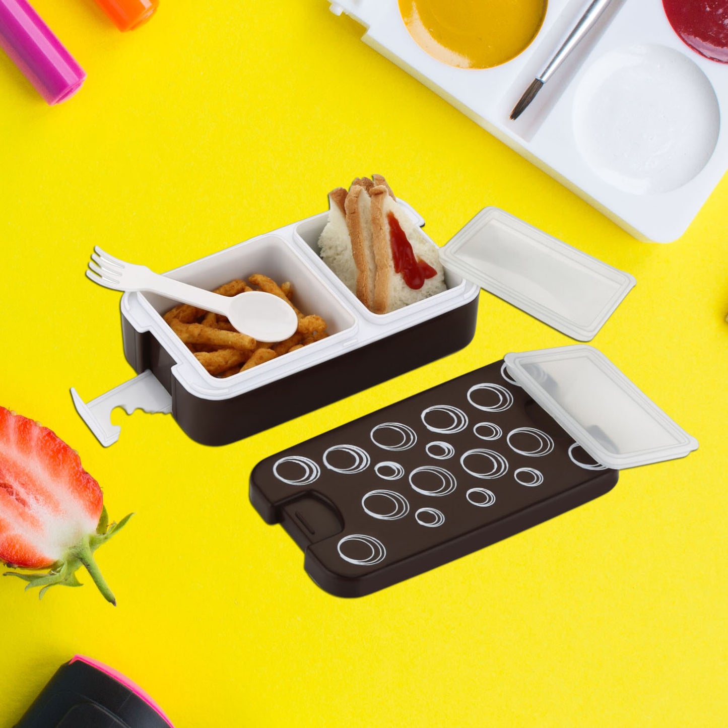 Airtight Lunch Box 2 Compartment Lunch Box Leak Proof Food Grade Material Lunch Box Modern Appearance Compact Lunch Box With Spoon - Happy Price - Image 5