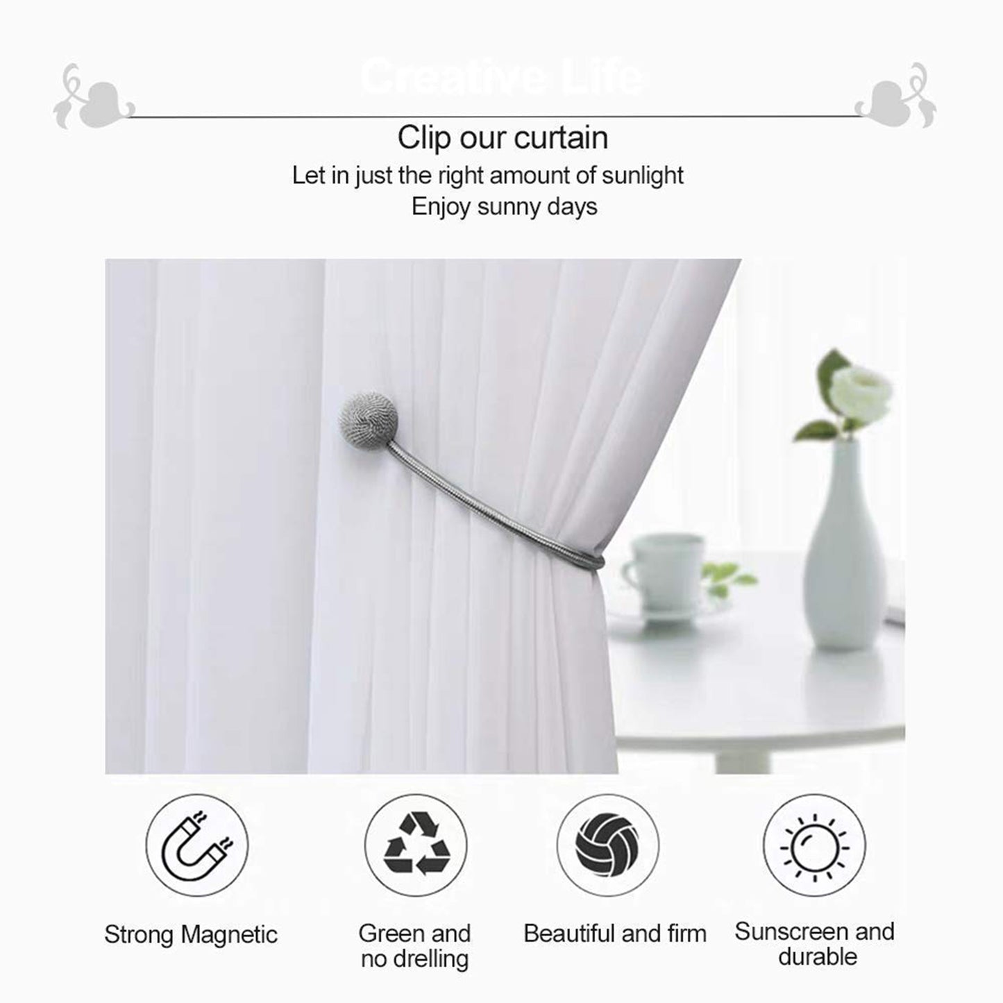Magnetic Curtain Tiebacks (2 Pc Set) - Silver Braided Rope Holdbacks - Happy Price - Image 6