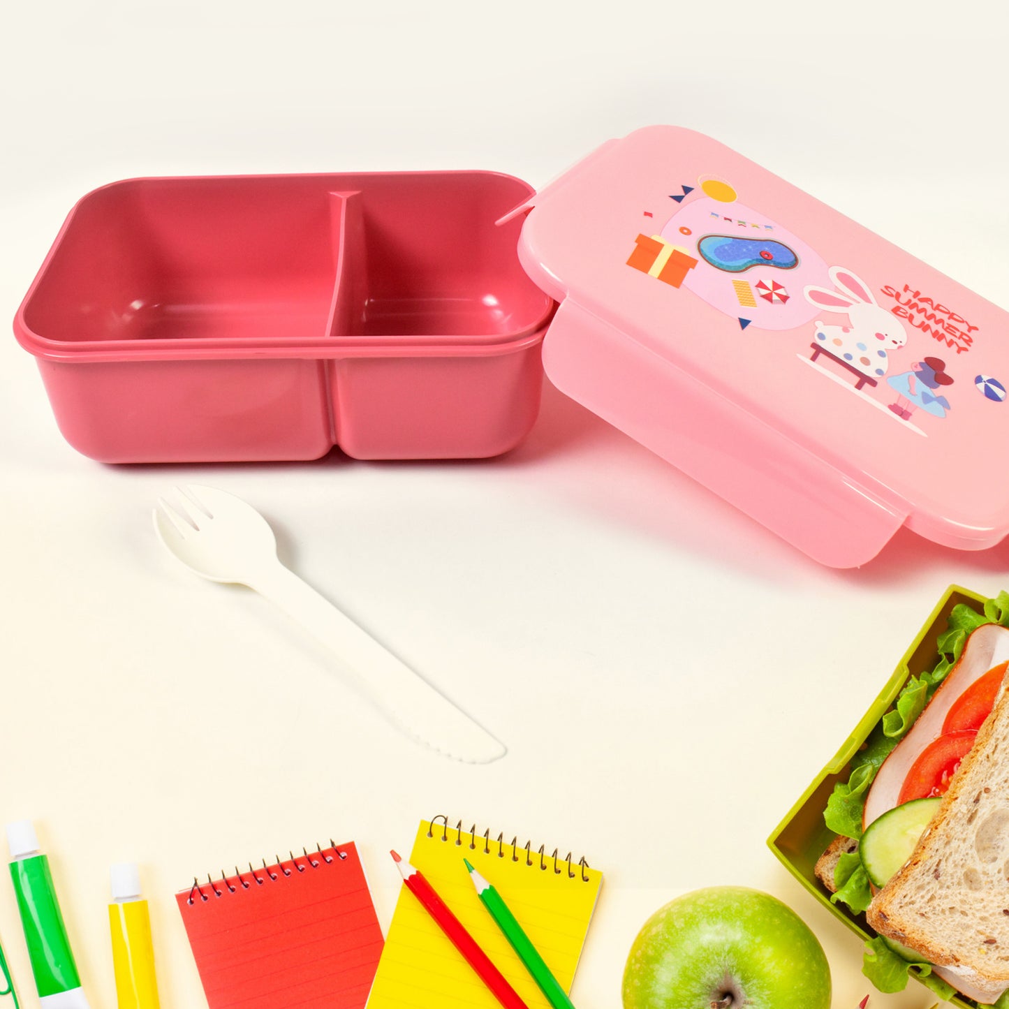 Plastic Lunch Box Leak Proof 2 Compartment With Bottle And Fork (1 Set Mix Color) - Happy Price - Image 5