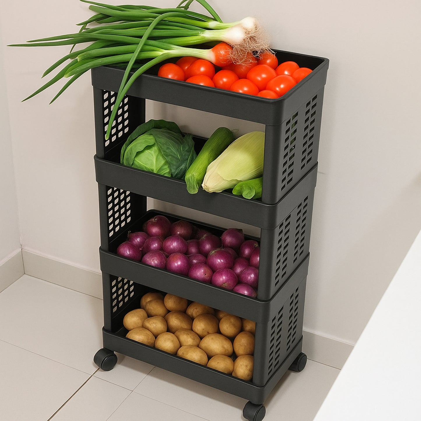 4-Tier Movable Plastic Storage Trolley with Wheels - Happy Price - Image 3
