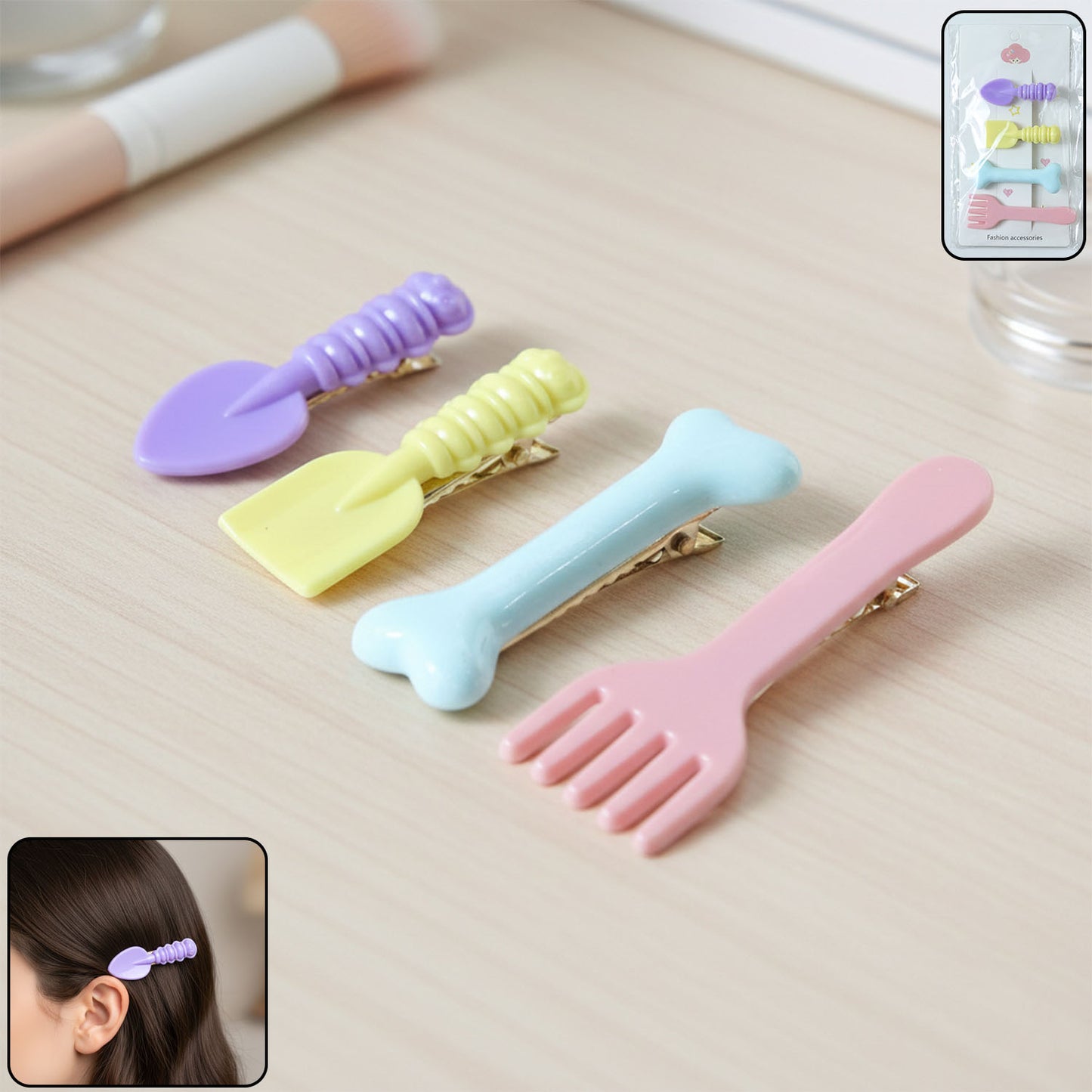 4 Pc Cute Cartoon Food Shape Hair Clips for Girls - Spoon, Fork, Bone, Candy Designs - Happy Price - Image 2