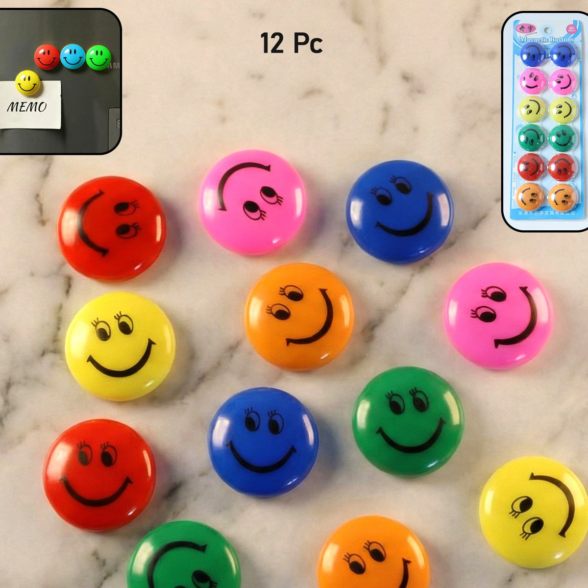 Colorful Smiley Face Magnetic Buttons - 12 Pc Set for Fridge & Whiteboard - Happy Price - Image 1