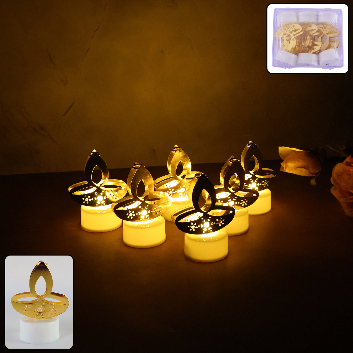 Set of 6 Golden Diya LED Tealight Candles - Flameless Decorative Lights - Happy Price - Image 7