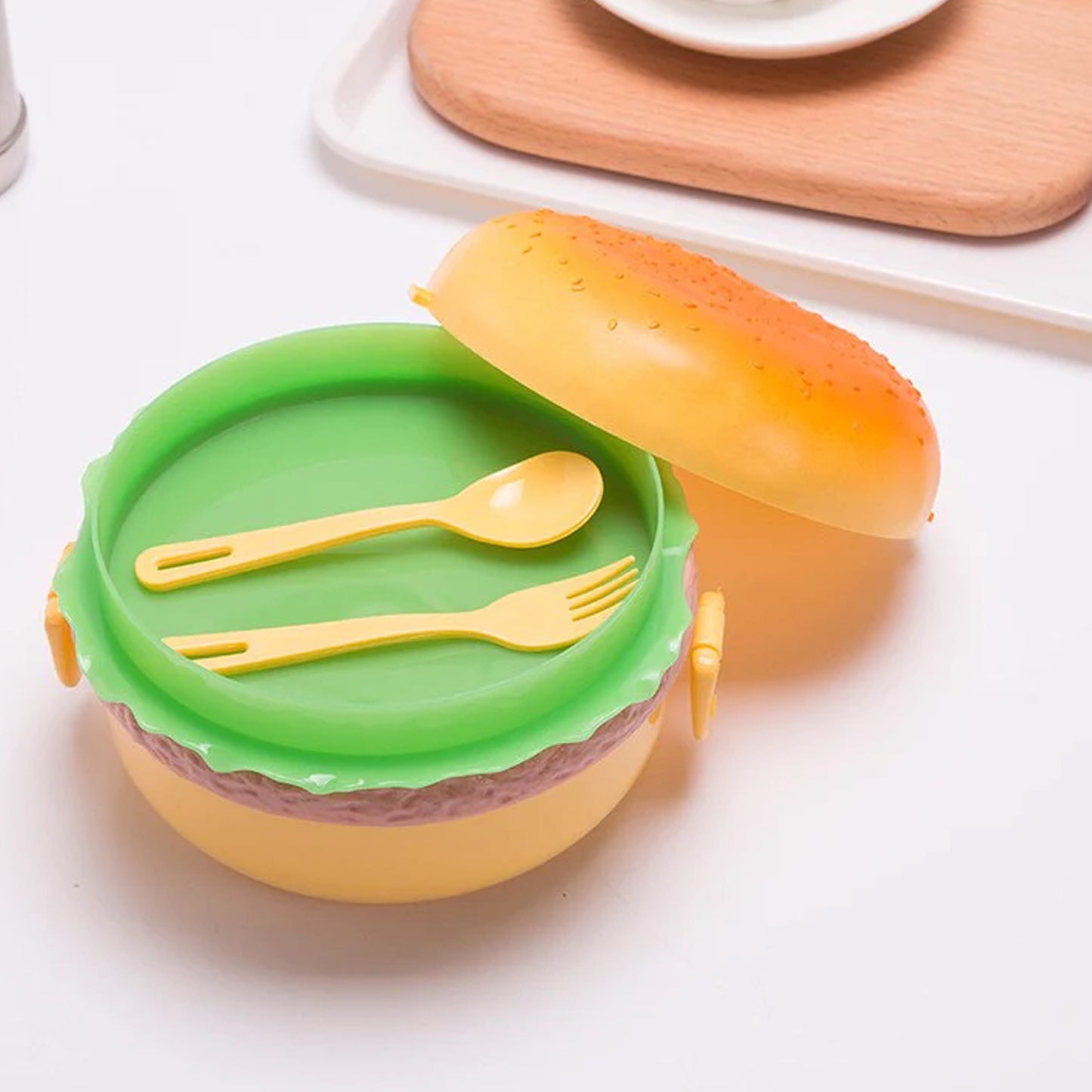 Burger Shape Lunch Box Plastic Lunch Box Food Container Sets Double Layer Lunchbox 1000ml With 2 Spoon Applicable To Kids And Elementary School Students - Happy Price - Image 4