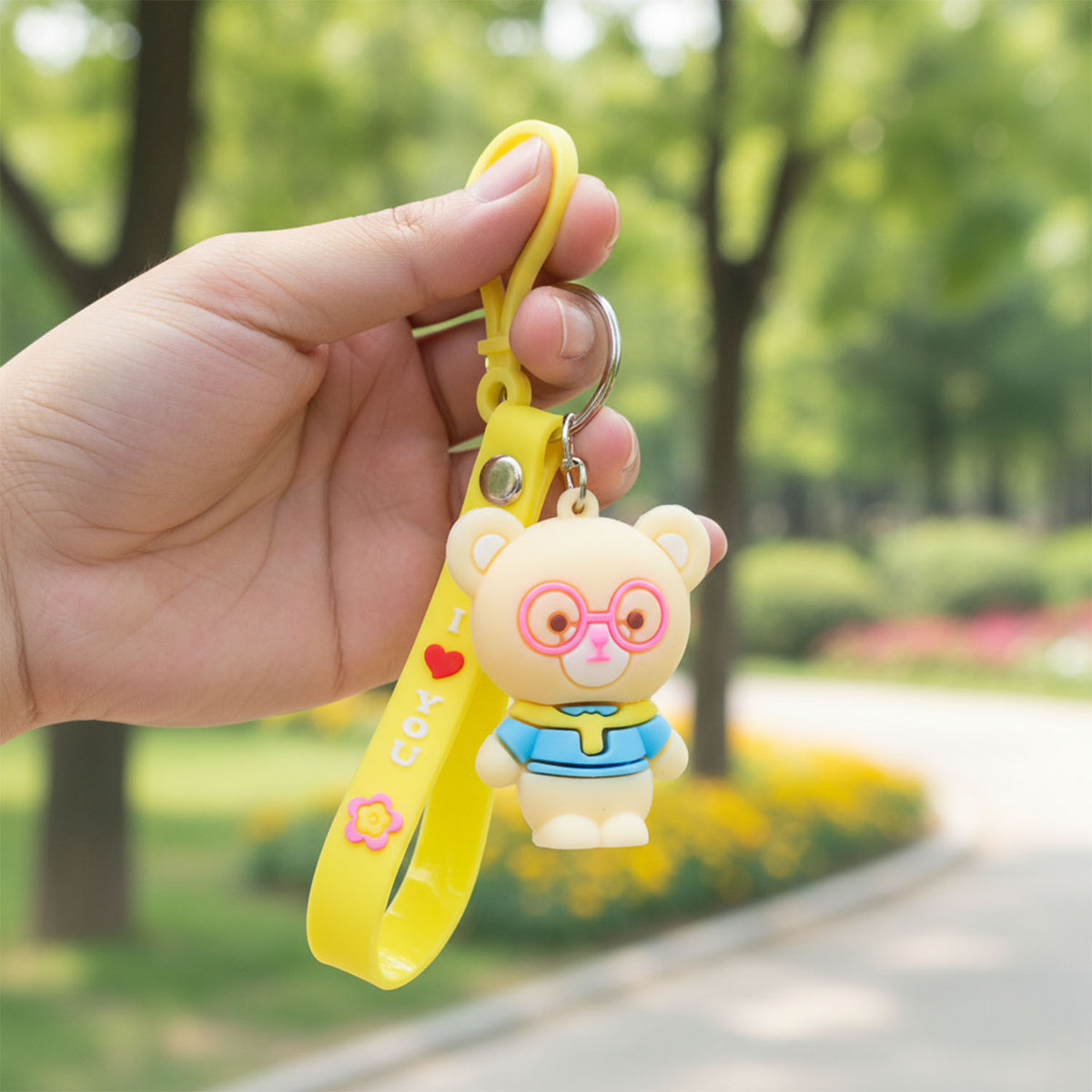 Cute Cartoon Bear Silicone Keychain with Yellow Wrist Strap (1 Pc) - Happy Price - Image 3
