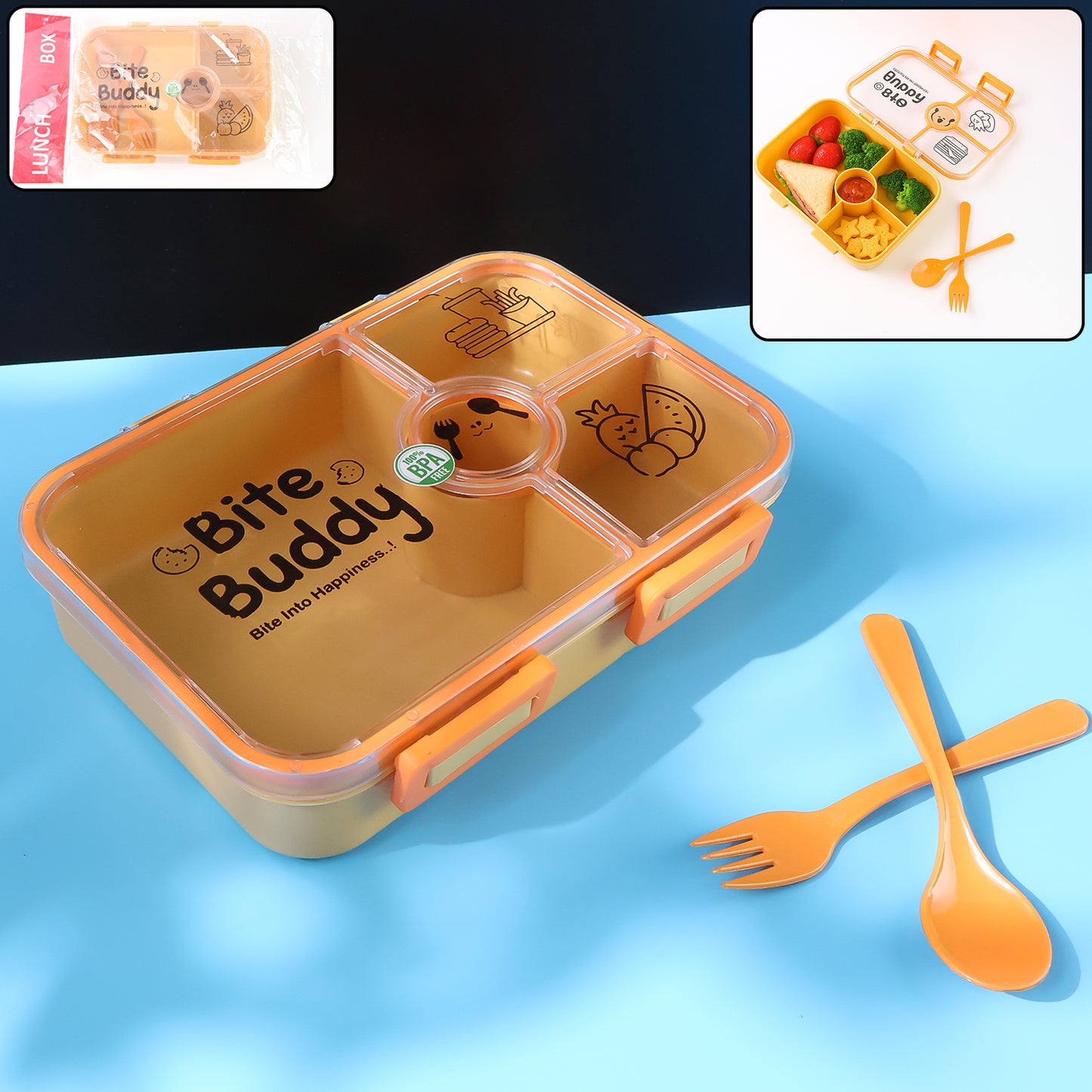 Bite Buddy 4-compartment Leak-resistant Plastic Lunch Box With Spoon Fork - Happy Price - Image 2